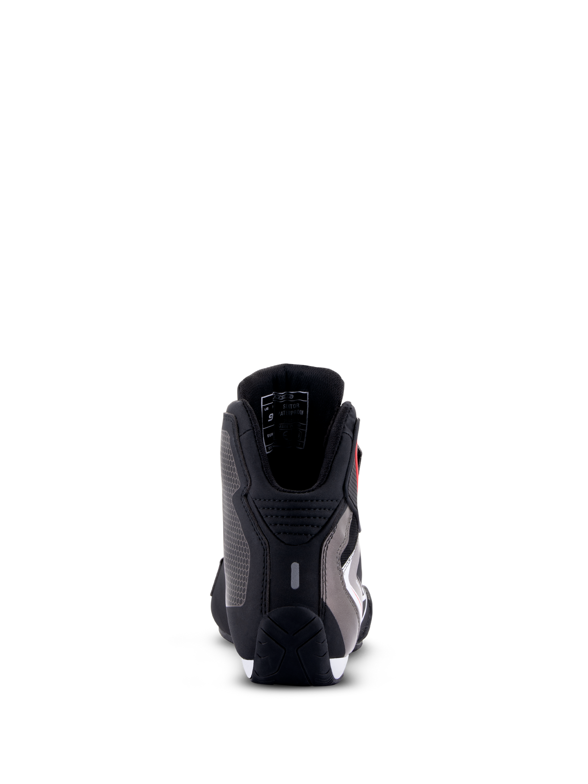 Chaussures étanches Alpinestars Sektor, chaussures de moto, noir, blanc et gris, vue arrière montrant la protection du talon, châssis en microfibre et semelle en caoutchouc durable.