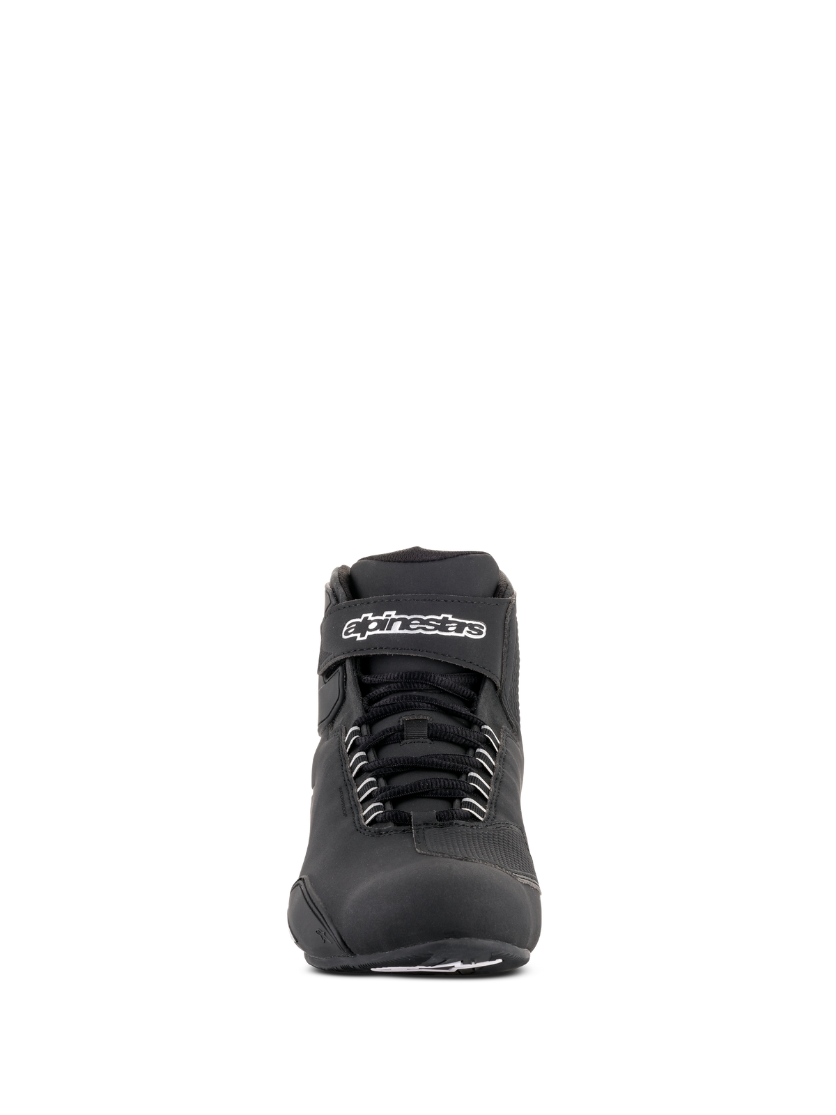 Chaussures étanches Alpinestars Sektor, chaussures de moto noires, vue de face avec lacets noirs et sangle de cheville Velcro avec logo Alpinestars blanc, design épuré en microfibre pour des performances moto par tous les temps
