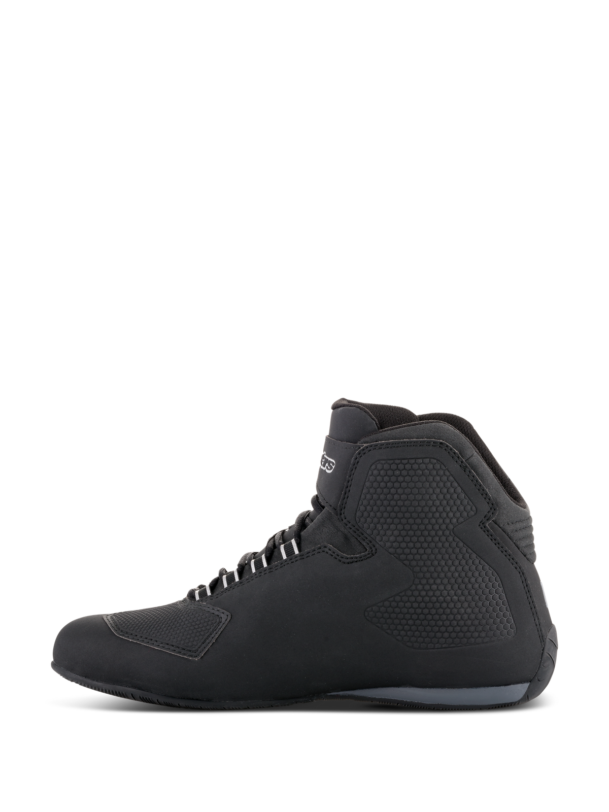 Chaussures Étanches Alpinestars Sektor, chaussures de moto, noir, vue de profil présentant un design montant avec tige en microfibre, panneaux latéraux texturés, œillets de lacets blancs et logo sur la cheville.