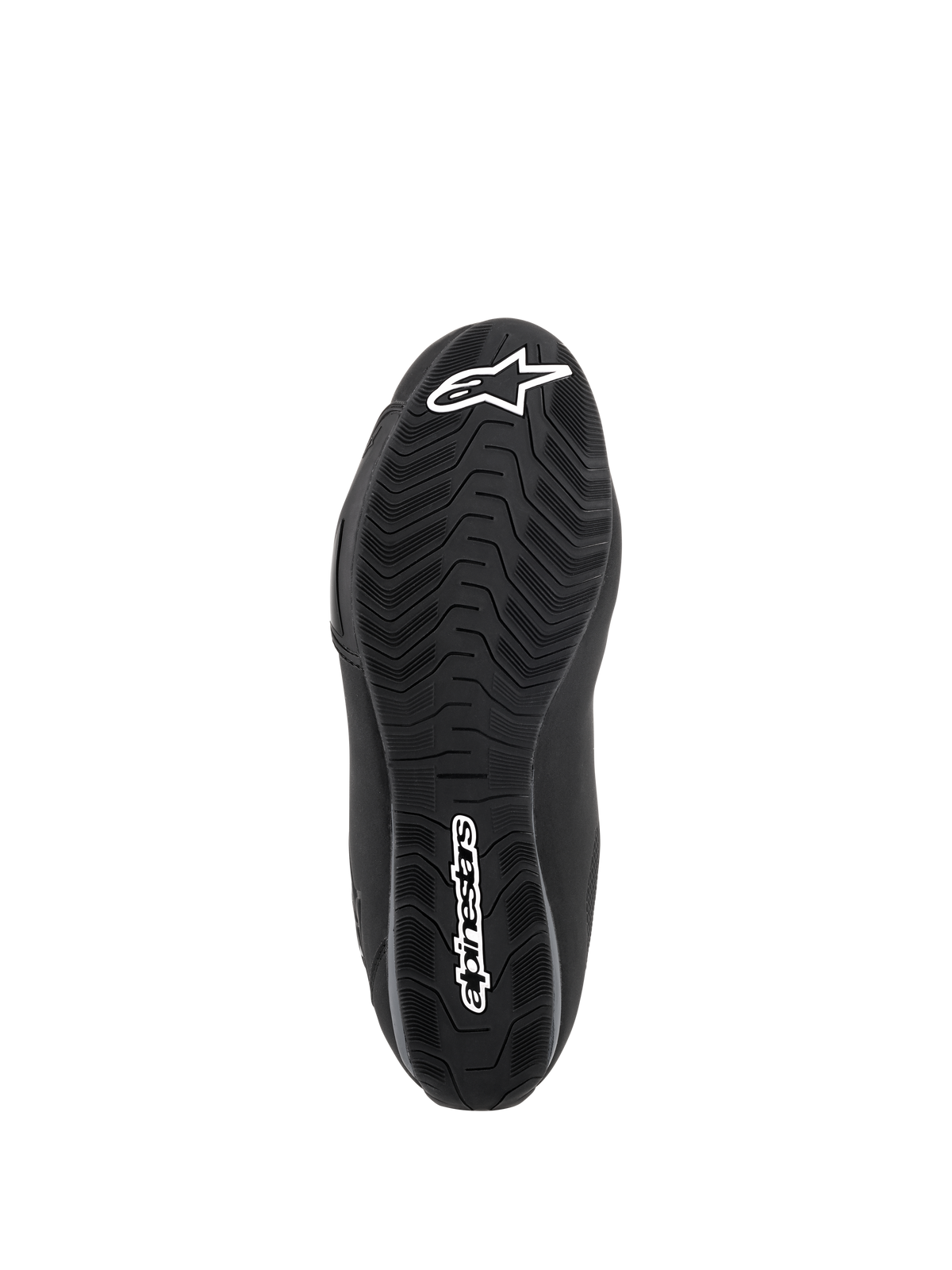 Chaussures étanches Alpinestars Sektor, Noir, vue de dessous de la semelle en composé de caoutchouc, présentant un motif de sculpture spécialisé pour l'évacuation de l'eau et l'adhérence, avec logo étoile blanc et lettrage Alpinestars.
