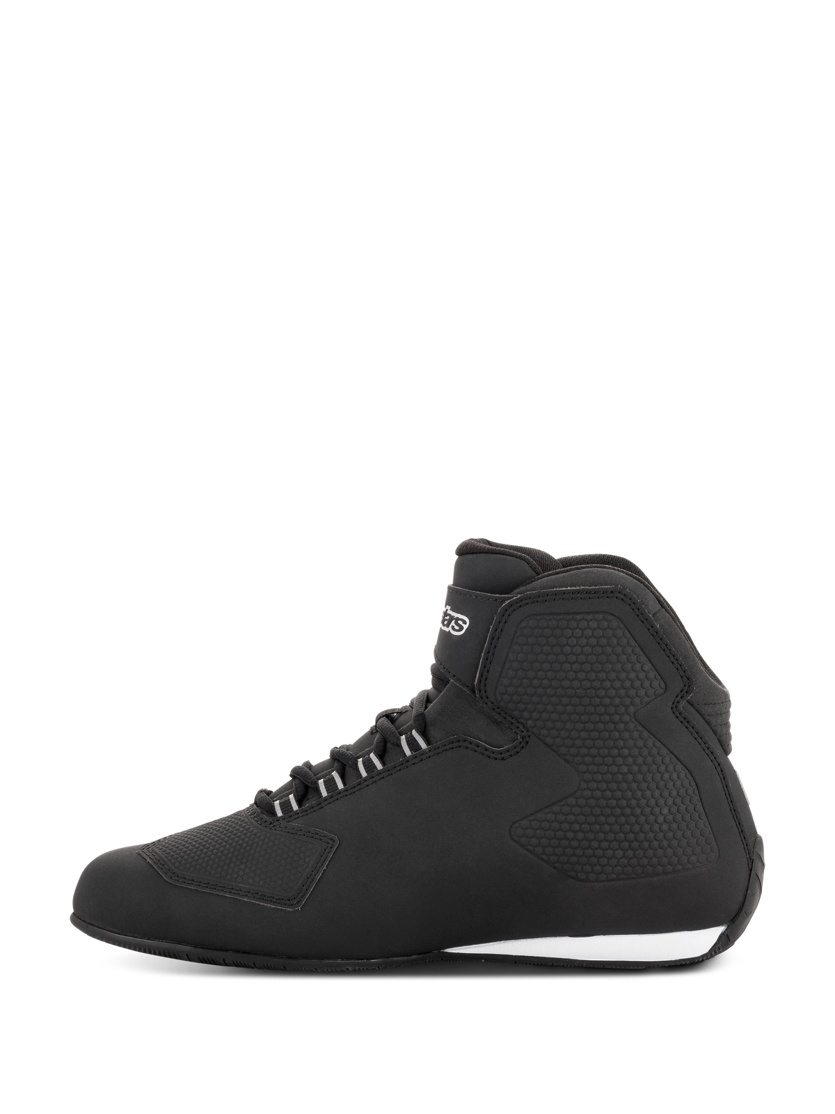 Chaussures étanches Alpinestars Stella Sektor, chaussures de moto pour femme, noir et argent, vue de profil avec tige en microfibre légère, système de laçage rapide aux accents argentés et construction imperméable avec panneaux de protection intégrés.