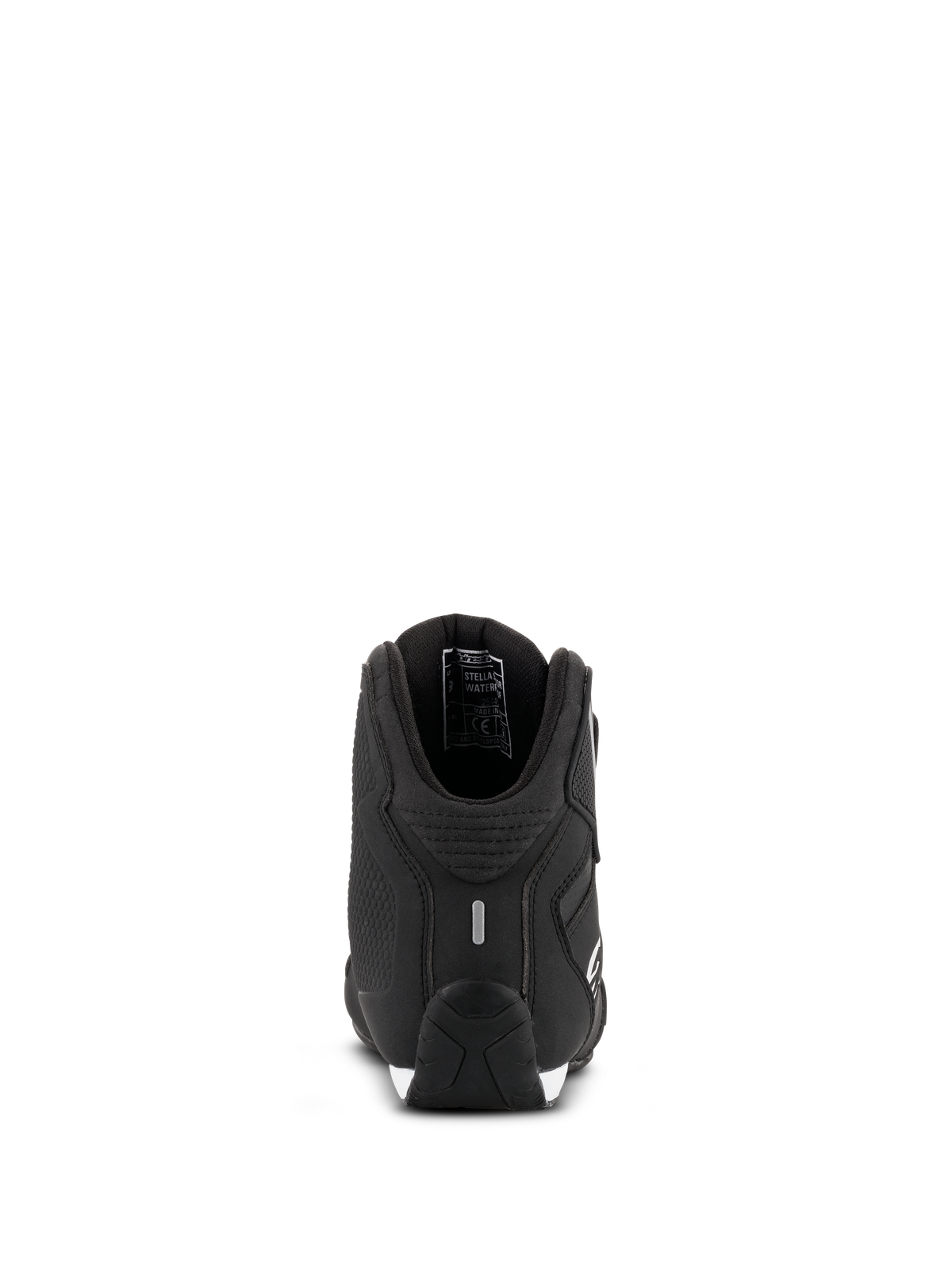 Chaussures moto étanches Alpinestars Stella Sektor pour femme, noir et argent, vue arrière montrant le talon renforcé et le détail réfléchissant, châssis en microfibre légère avec doublure à membrane imperméable