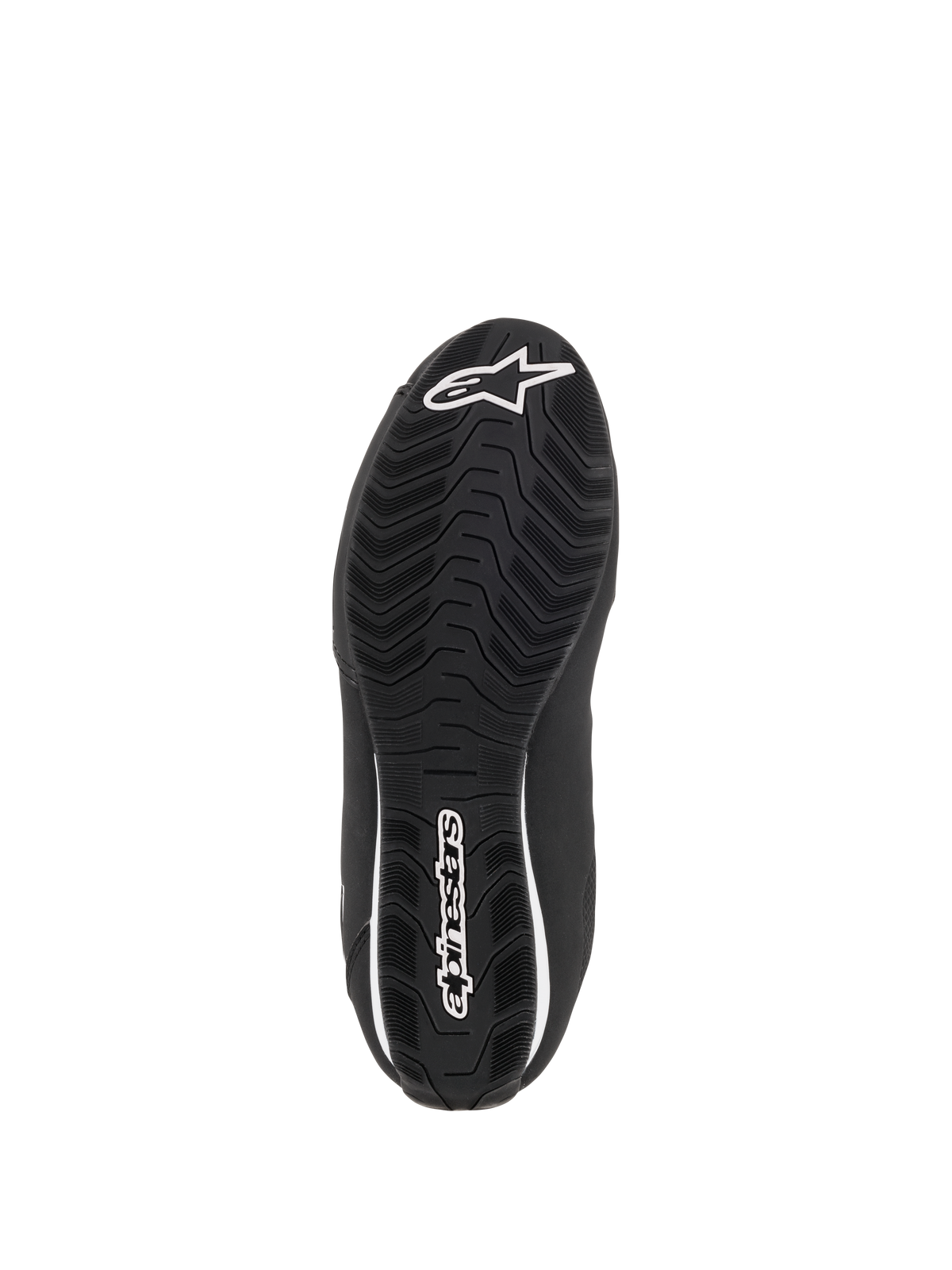 Chaussures étanches Alpinestars Stella Sektor pour femme, vue de dessous de la semelle en caoutchouc noir, présentant un motif d'adhérence ondulé texturé pour la traction, avec logo en étoile et lettrage Alpinestars blancs, conçue pour favoriser l'évacuation de l'eau et l'adhérence.