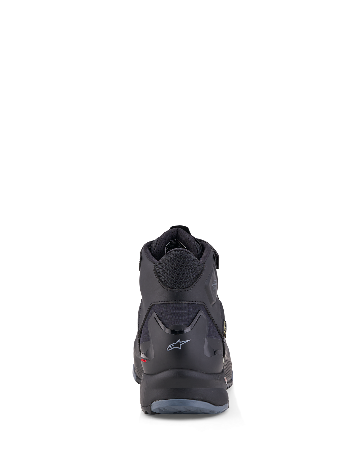 Alpinestars Cr X Gore Tex Schoenen, waterdichte motorschoenen, achteraanzicht in zwart en donkergrijs, met GORE-TEX membraan en beschermende hielstructuur