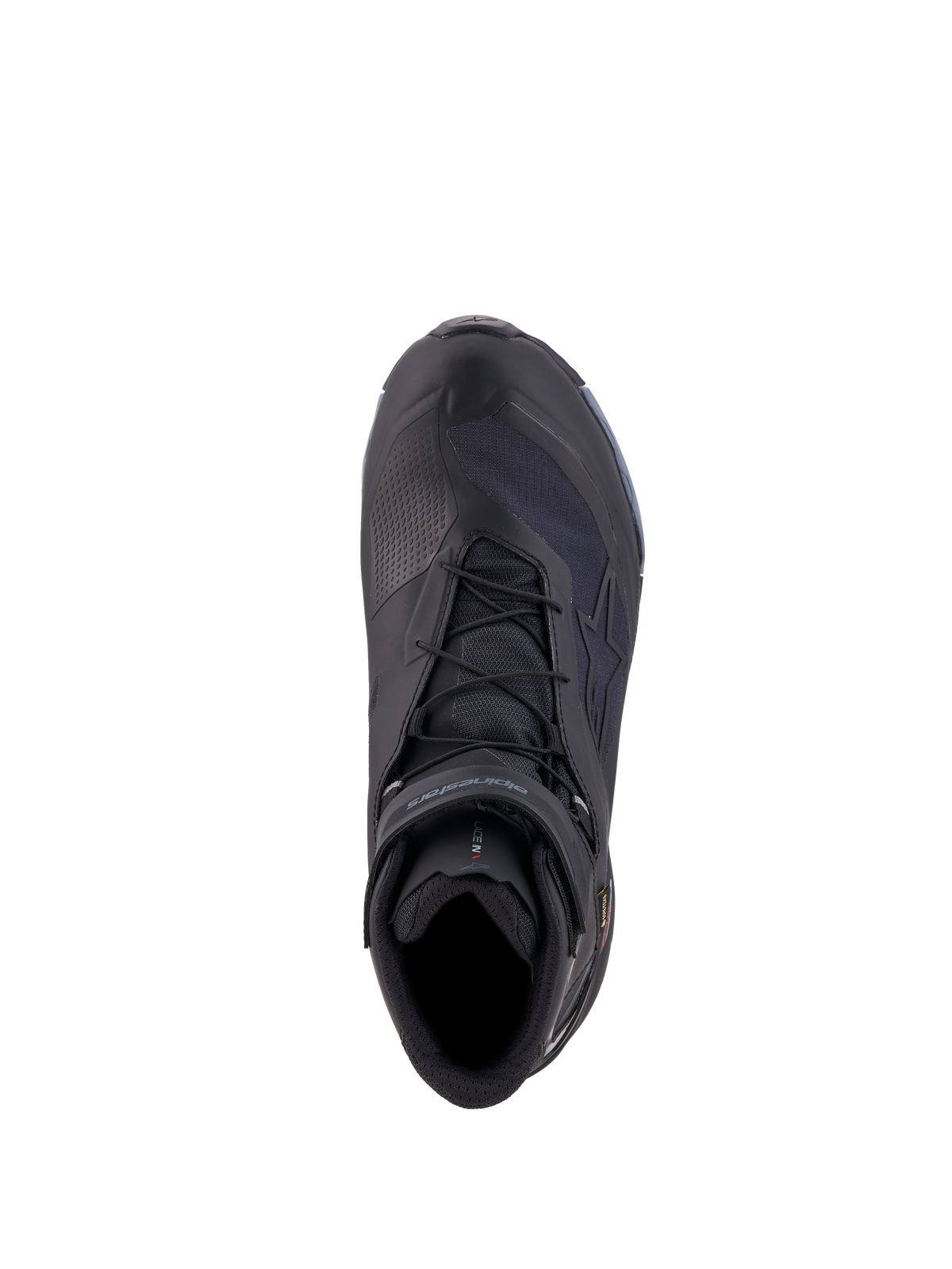 Alpinestars CR-X Gore-Tex schoenen, waterdichte motorschoenen, zwart en donkergrijs, top-down weergave van het vetersysteem