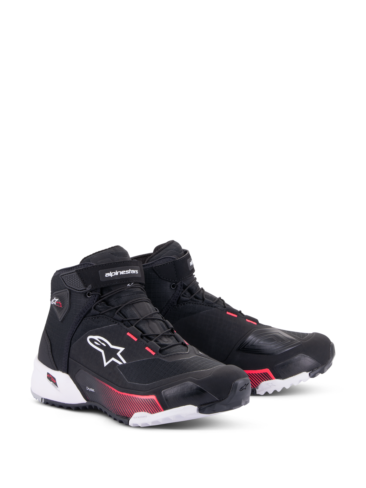 Chaussures de moto Alpinestars CR-X Drystar® Femme, chaussures de moto, noir, blanc et rose Diva, vue de trois-quarts avant, tige en ripstop avec logo Alpinestars blanc, accents roses sur la semelle intermédiaire et les œillets, design profilé et protecteur pour le touring