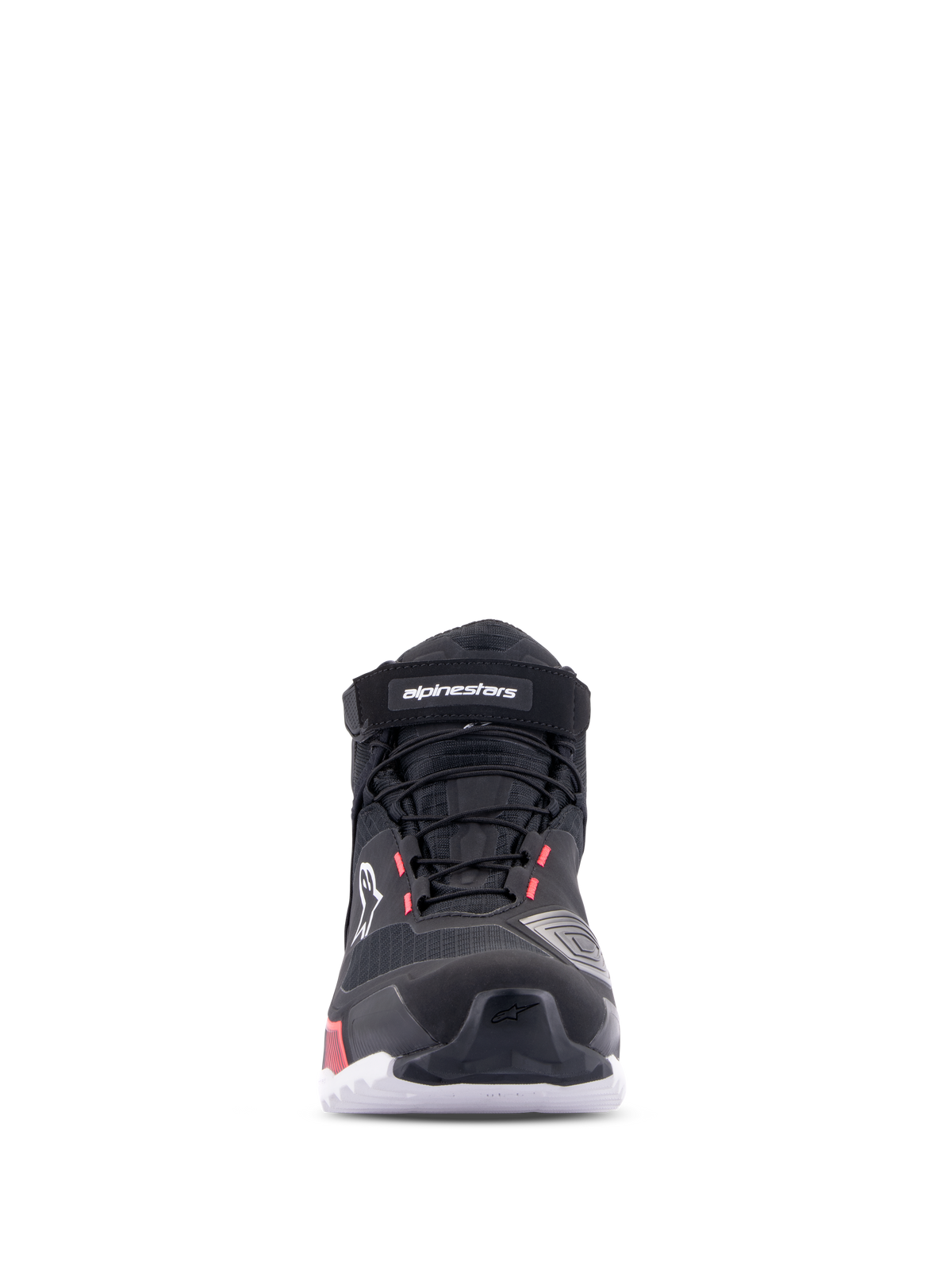 Chaussures de moto Alpinestars CR-X Women's Drystar®, Noir Blanc Rose Diva, vue de face, chaussures imperméables avec tige en textile technique, lacets et sangle velcro à la cheville, logos blancs et accents rose diva.