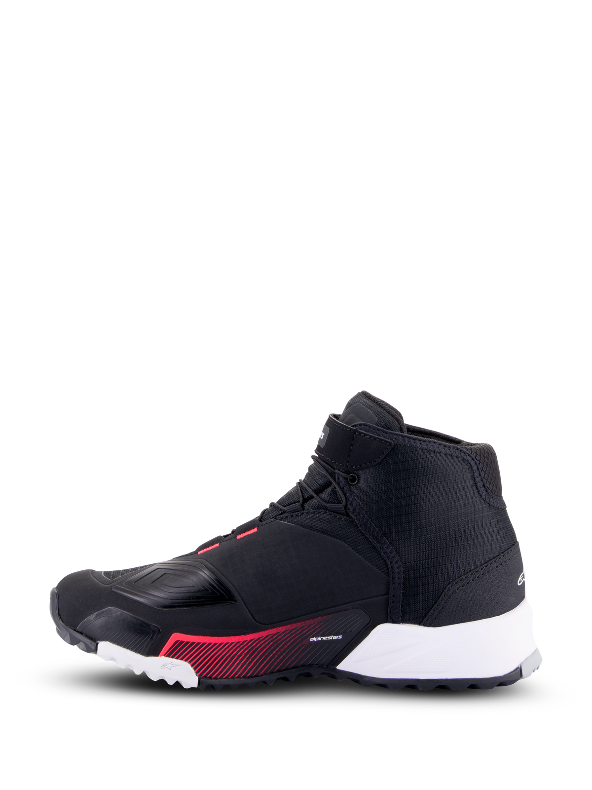 Chaussures de moto Alpinestars CR-X Drystar® pour femme, noir, blanc et rose Diva, vue de profil montrant une tige en ripstop noir, un talon blanc et des accents graphiques roses, style urbain avec caractéristiques de protection