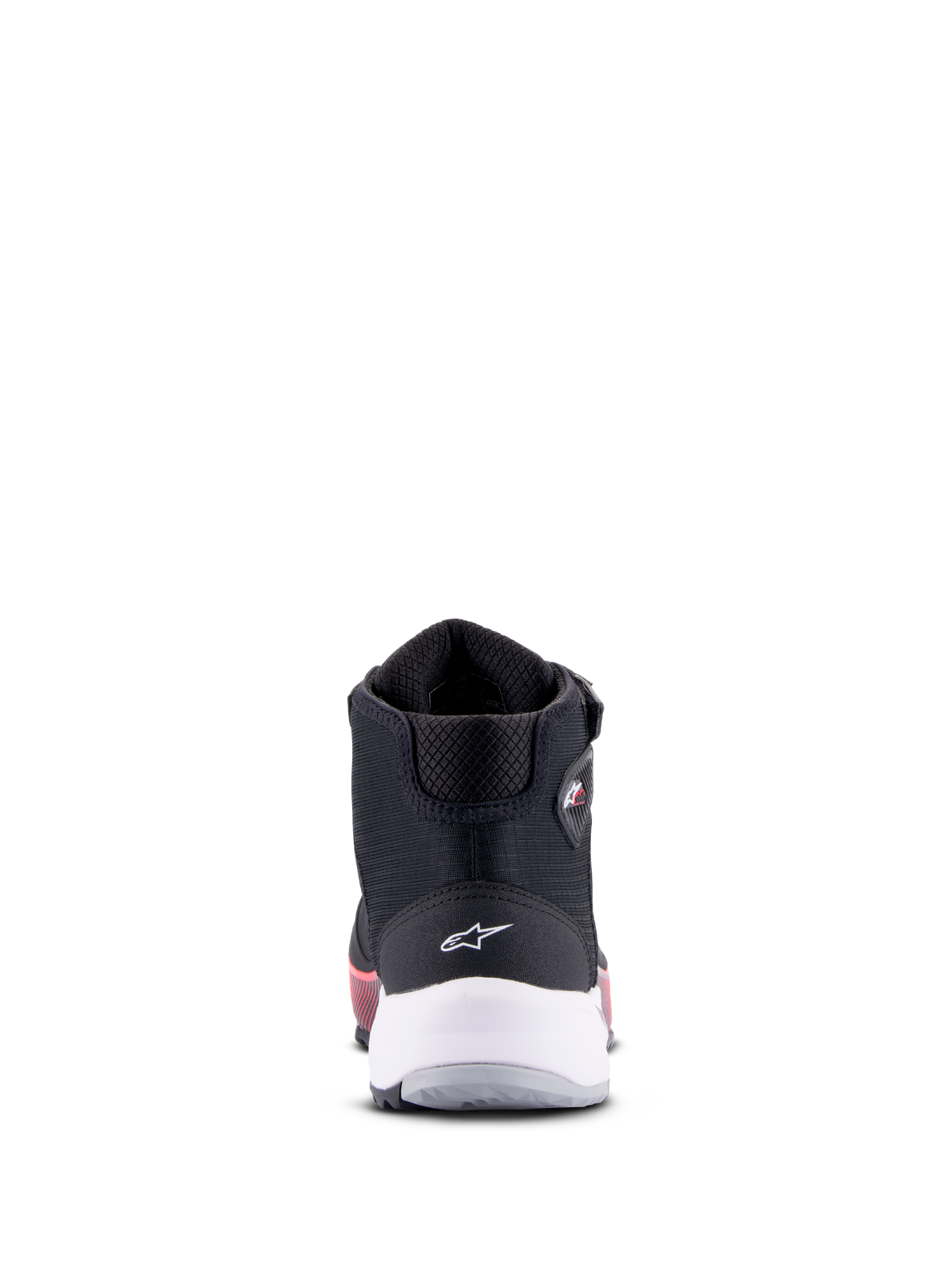 Chaussures de moto Alpinestars CR-X Women's Drystar, noir, blanc et rose Diva, vue arrière avec support de talon blanc et logo étoile, chaussures de moto techniques avec accents roses sur la semelle
