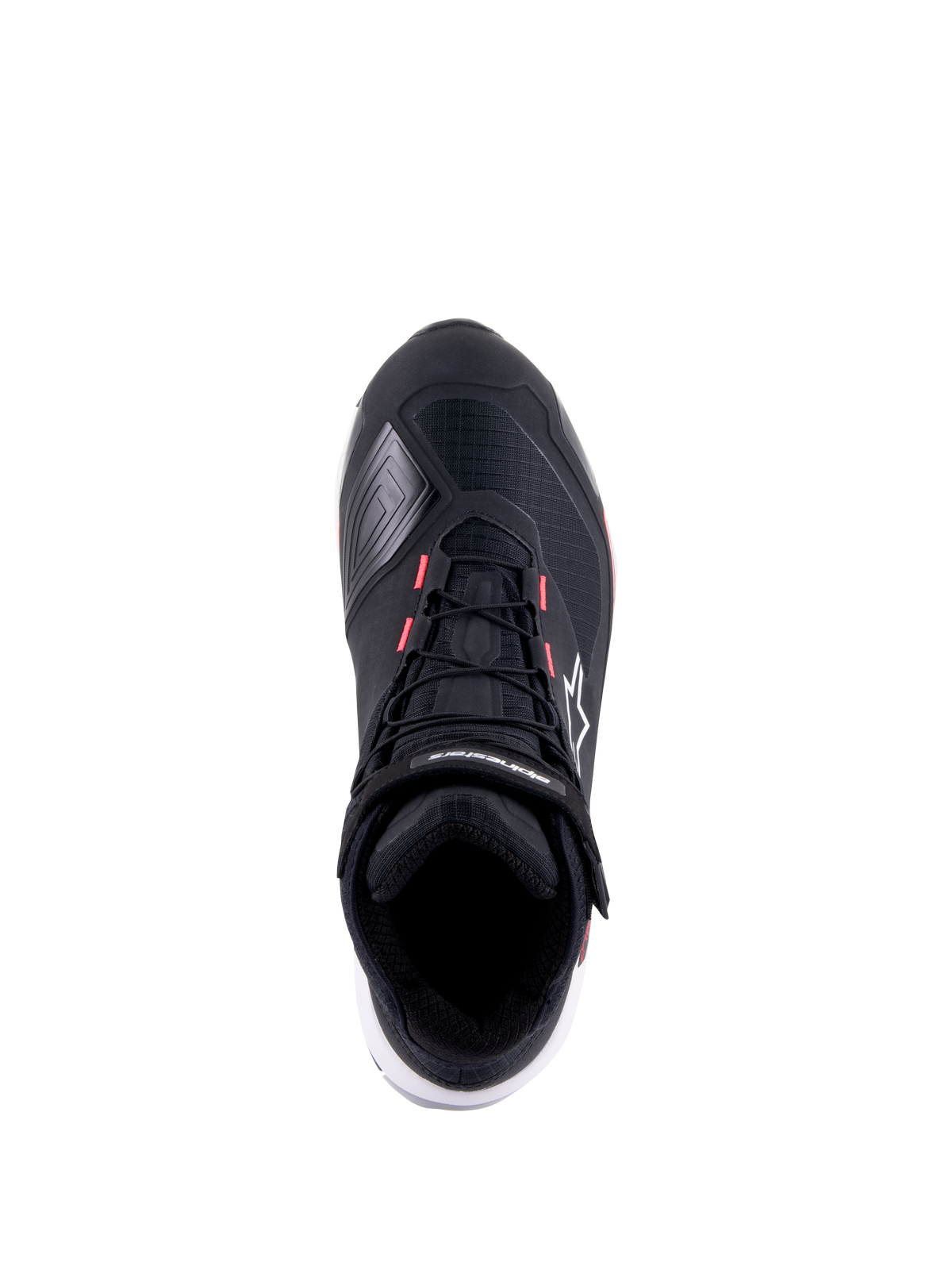 Chaussures de moto Alpinestars CR-X Drystar pour femme, noir, blanc et rose diva, vue de dessus présentant une tige technique en ripstop, des accents roses sur les œillets des lacets et le logo Alpinestars sur la sangle de cheville et sur le côté.