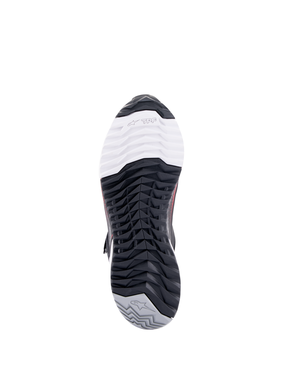 Chaussures de moto Alpinestars CR-X Drystar® pour femme, vue de dessous de la semelle extérieure, avec le marquage TPF Transversal Protection Frame sur la pointe blanche, un motif de semelle multidirectionnel noir et un talon gris avec logo étoilé.
