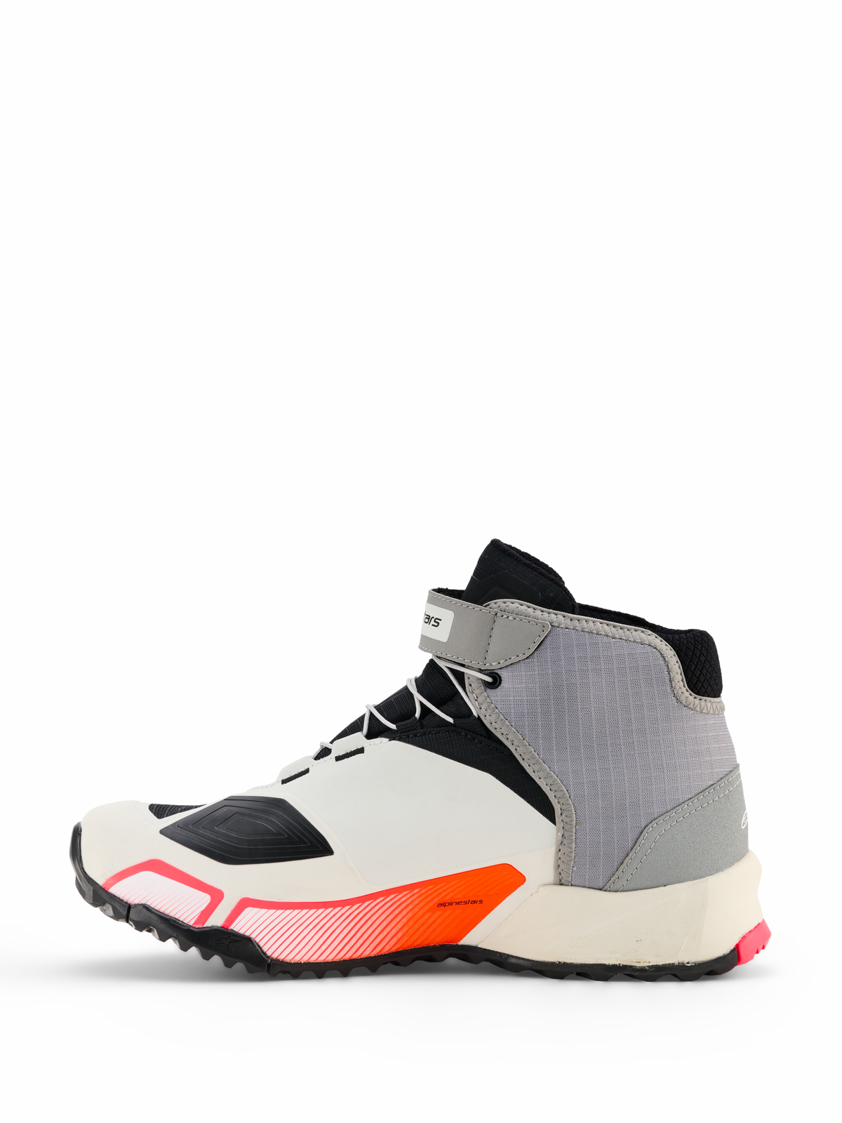 Chaussures de moto Alpinestars CR-X Drystar® Femme, blanc, gris moyen, noir et rose diva, profil latéral au design sportif avec sangle de cheville et semelle épaisse, conçues pour un confort de marche durable et la protection