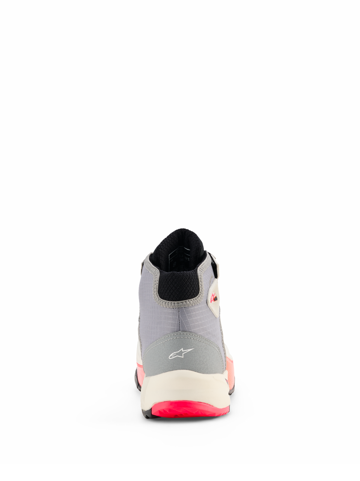 Chaussures de moto Alpinestars CR-X Drystar® pour femme, chaussures de moto, blanc, gris moyen, noir et rose Diva, vue arrière montrant la construction du talon avec le logo Alpinestars, semelle intermédiaire blanche et détails de la semelle extérieure rose vif.