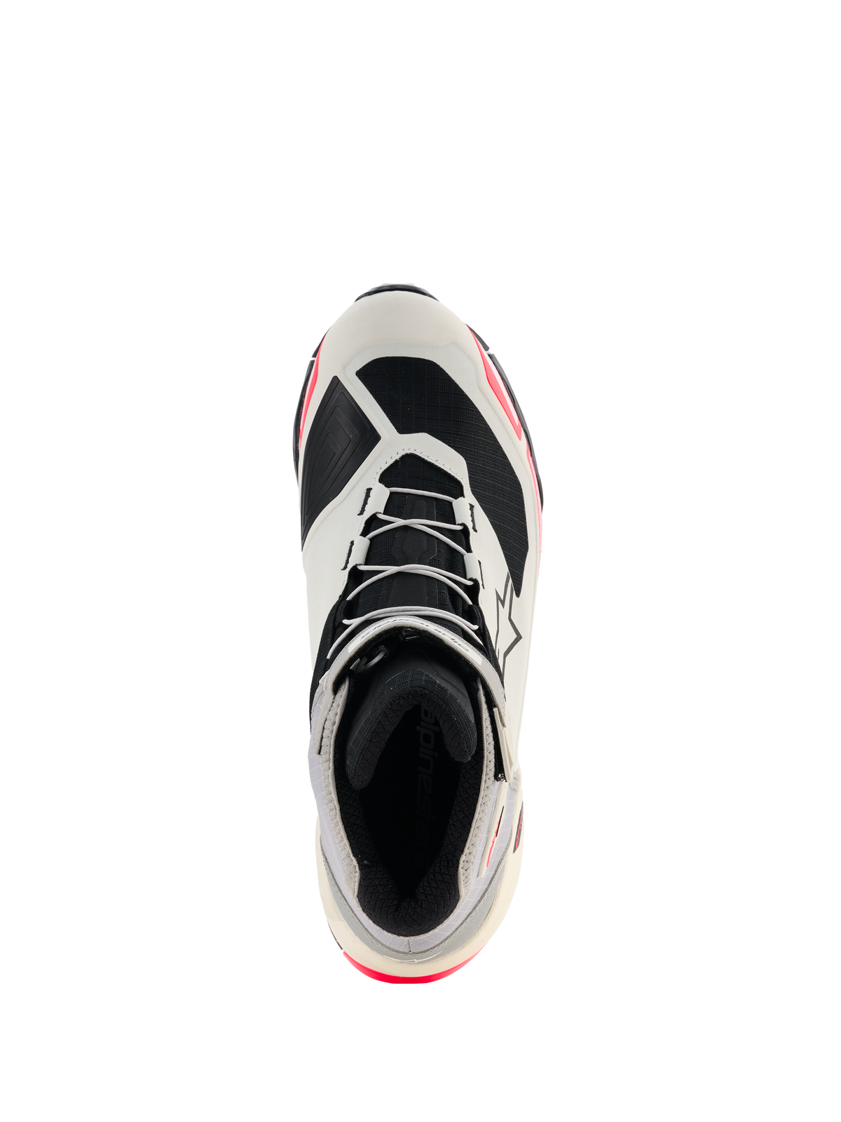 Chaussures de moto Alpinestars CR-X Drystar® pour femme, blanc, gris moyen, noir et rose diva, vue de dessus mettant en évidence le laçage et la doublure intérieure, design inspiré des chaussures de running avec des touches de rose, chaussures de moto imperméables