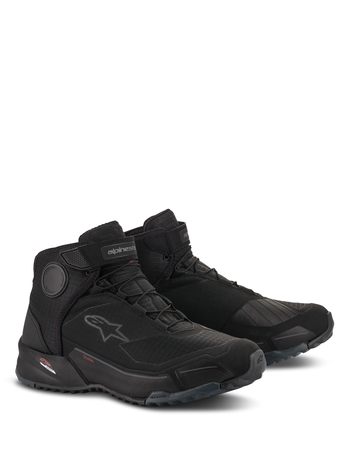 Alpinestars CR-X Drystar® Riding Shoes, Waterproof Motorcycle Shoes, Black Black, athletic design with running shoe fit, featuring internal ankle discs, gear shift reinforcement, and rugged rubber outsole for urban riding and walking comfort
