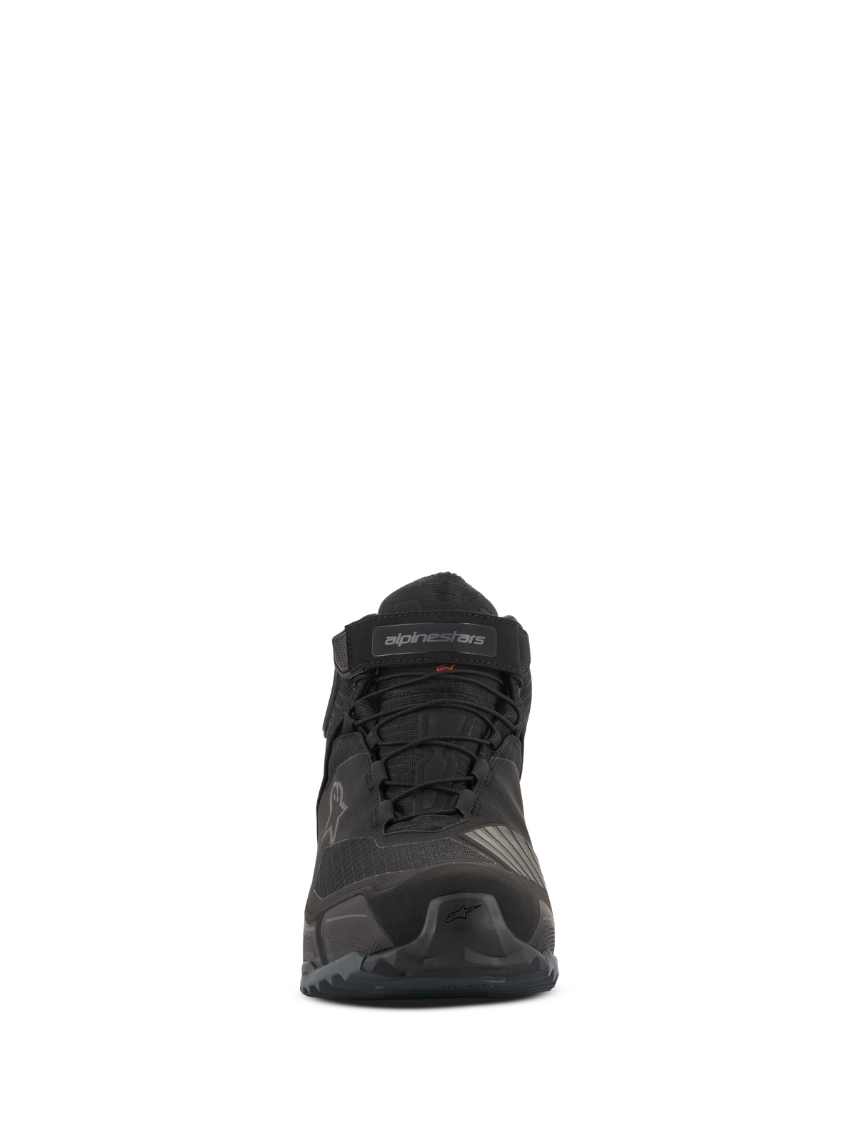 Alpinestars CR-X Drystar® Riding Shoes, Front View, All Black, waterproof motorcycle footwear with laces and velcro ankle strap, athletic running shoe-inspired design