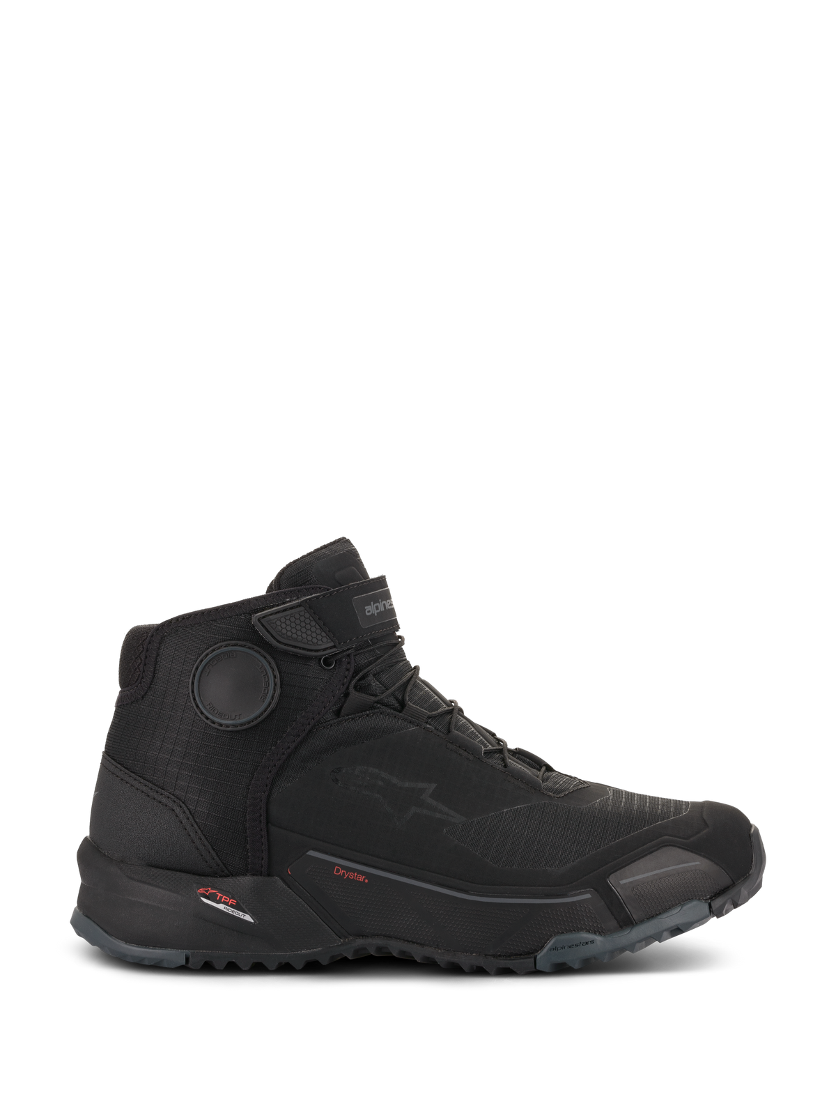 Alpinestars CR-X Drystar Riding Shoes, Black motorcycle footwear, side profile view, waterproof urban riding shoe, lace-up closure with top strap, thick textured rubber sole, sporty design with Alpinestars branding