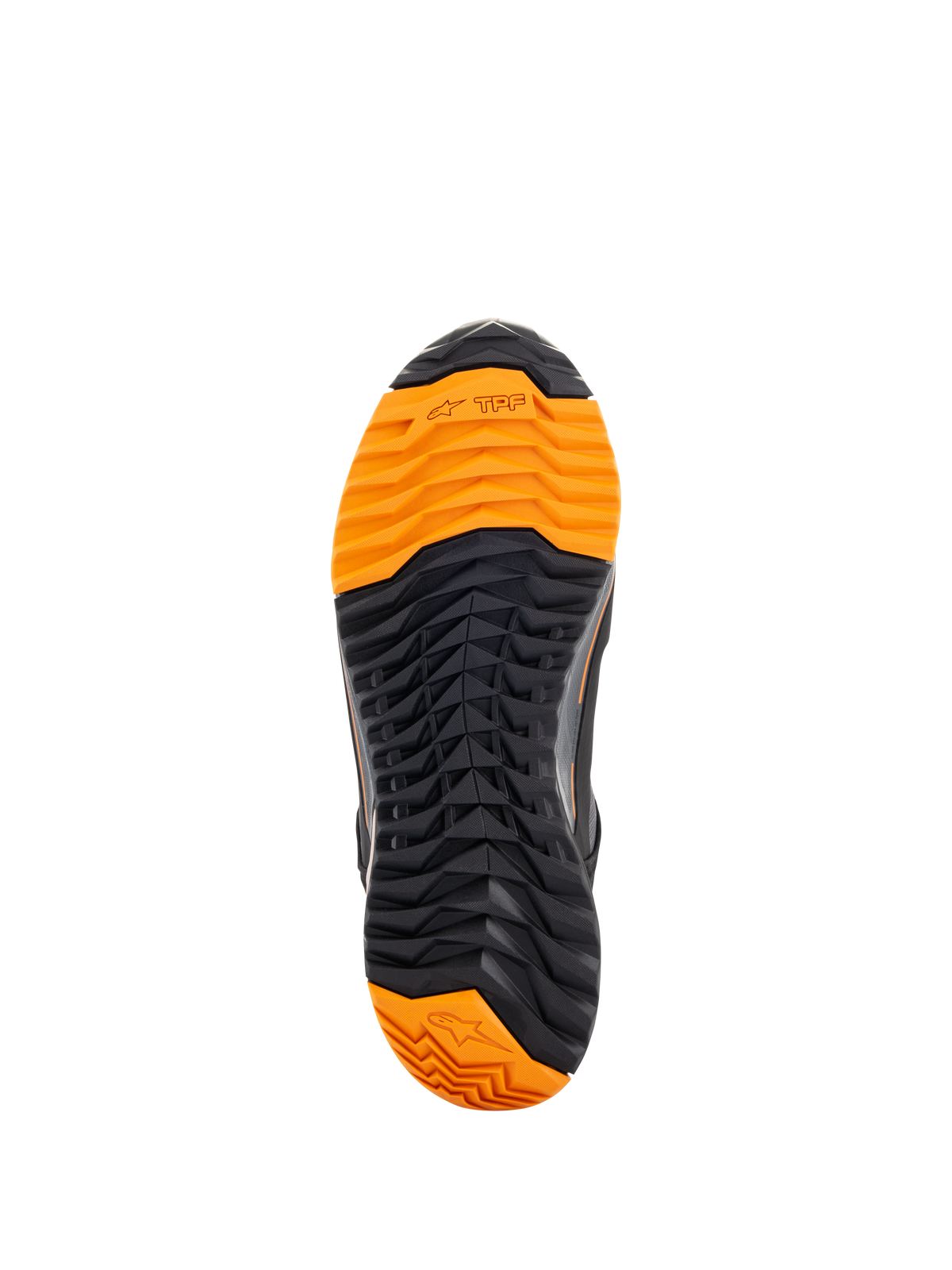 Alpinestars CR-X Drystar® Motorradschuhe, Unteransicht der Sohle, schwarz und leuchtend orangefarbenes Profil, aggressives Stollenprofil für Grip, mit TPF- und Alpinestars-Stern-Logos, entwickelt für Motorradfahren und Gehkomfort