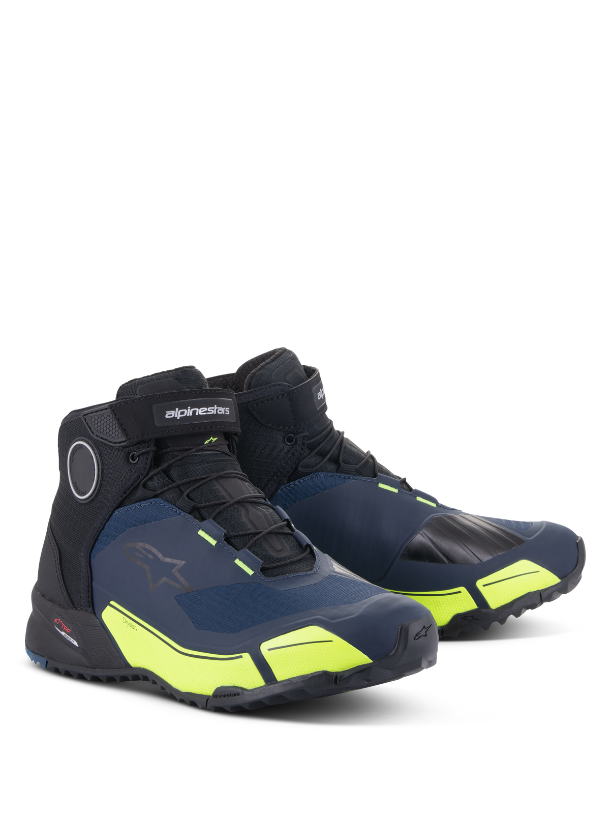 Alpinestars CR-X Drystar® Motorradschuhe, Schwarz, Dunkelblau und Gelb Fluo, wasserdichte Motorradschuhe mit Laufschuh-Silhouette, Mid-Cut-Design mit sportlichem Styling und leuchtenden neongelben Akzenten