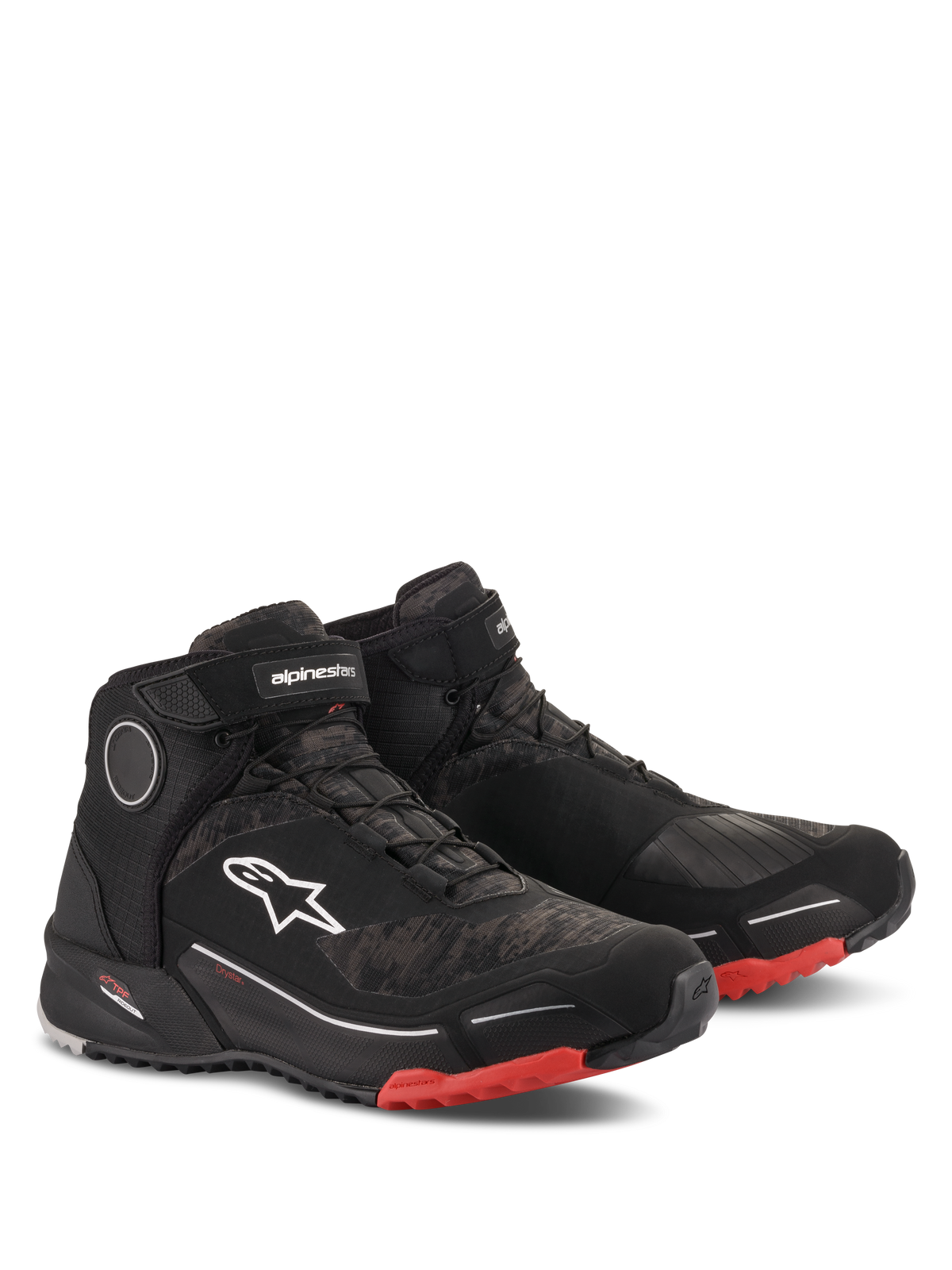 Alpinestars CR-X Drystar Riding Shoes, Motorcycle Riding Shoes, Black Camo Red, high-top athletic design with waterproof membrane, white Astars logo on the side, red accents on the outer sole and toe, urban and adventure touring style