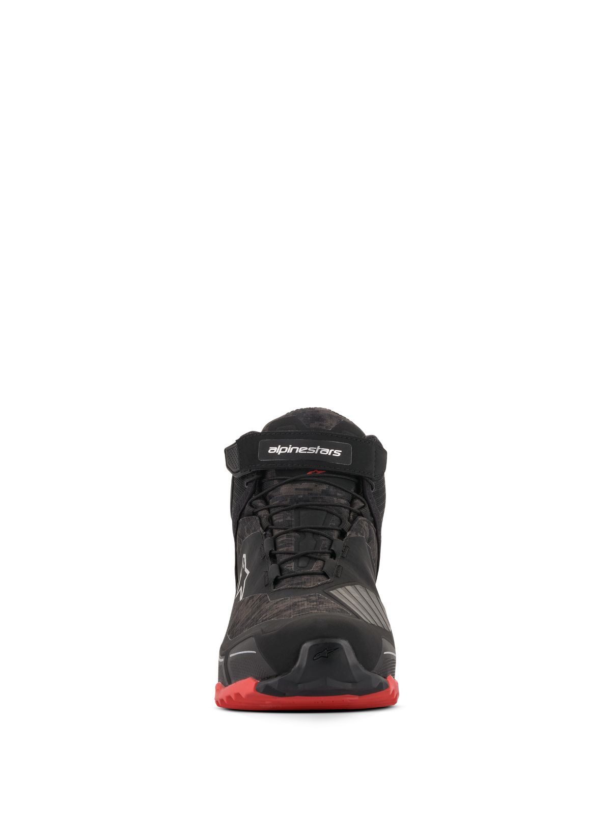 Alpinestars CR-X Drystar® Riding Shoes, Motorcycle Riding Shoes, Black Camo Red, front view featuring camouflage pattern, black ankle strap with white branding, black laces, and red outsole accents.