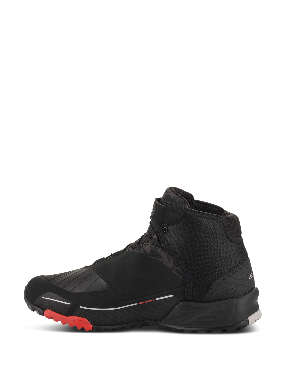 Alpinestars CR-X Drystar® Riding Shoes, Black Camo Red, waterproof motorcycle footwear, side profile view, featuring black textile upper with dark camo pattern panels, red accents on the outer sole, and a running shoe-inspired athletic design.