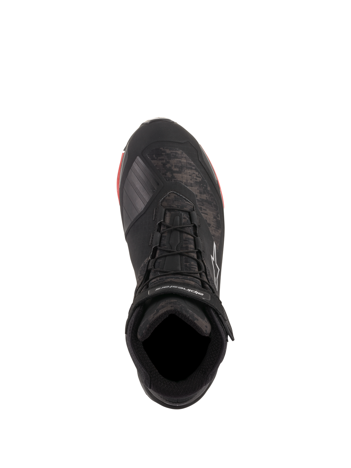 Alpinestars CR-X Drystar® Riding Shoes, Black Camo Red, top-down view featuring camo pattern and black laces, ankle strap with white Alpinestars branding, waterproof motorcycle footwear with red sole accents