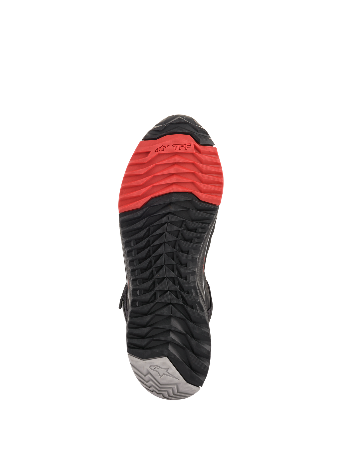 Alpinestars CR-X Drystar® Riding Shoes, sole view, featuring a multi-color tread pattern with red at the toe, black midsection, and gray heel, aggressive grip design for riding protection and walking comfort.