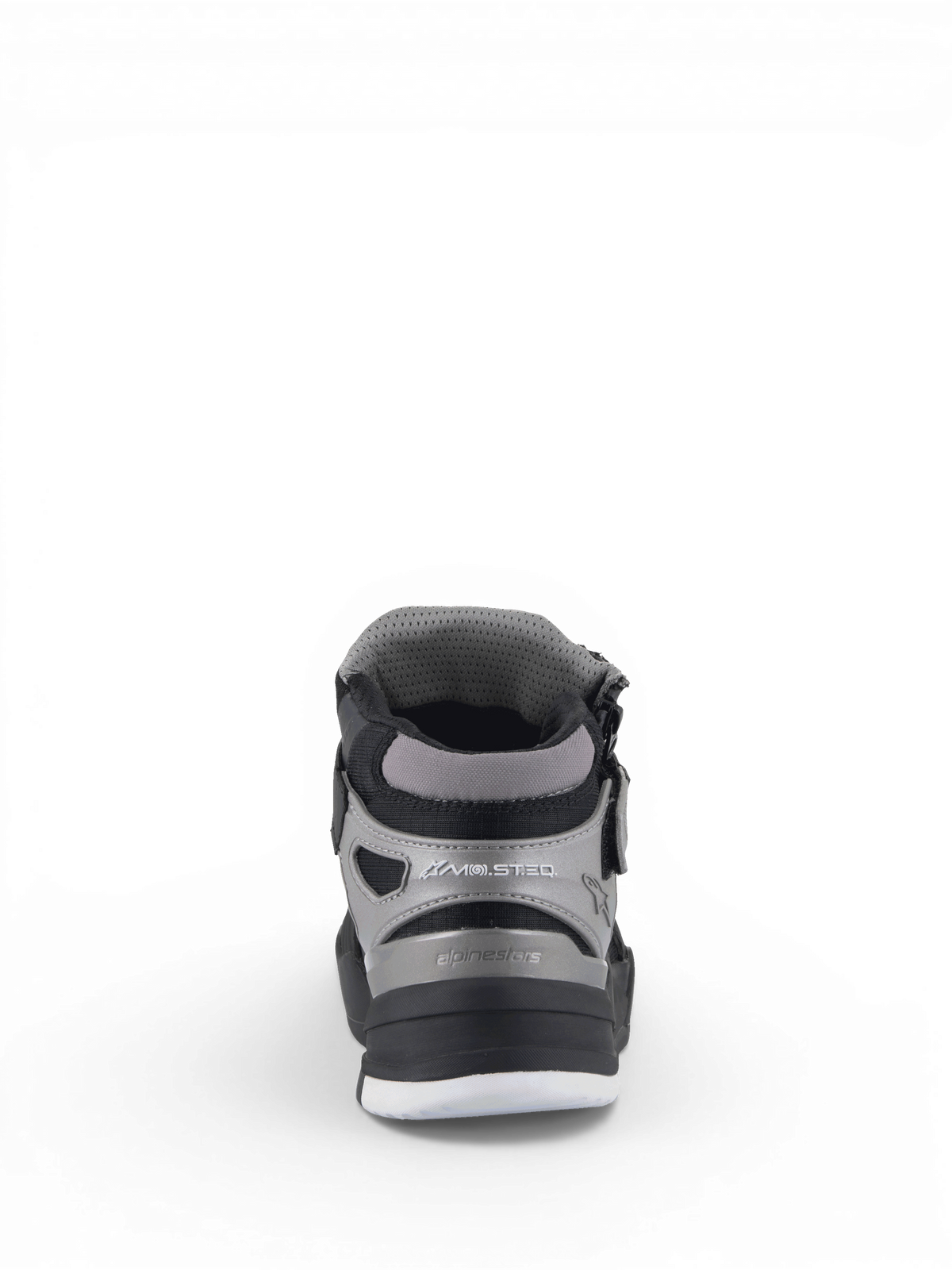 Alpinestars Speedflight Street schoenen, stedelijke motorlaarzen voor heren, zwart en pistoolmetaal, achteraanzicht met dual-density enkelschijven en CE-gecertificeerde bescherming.