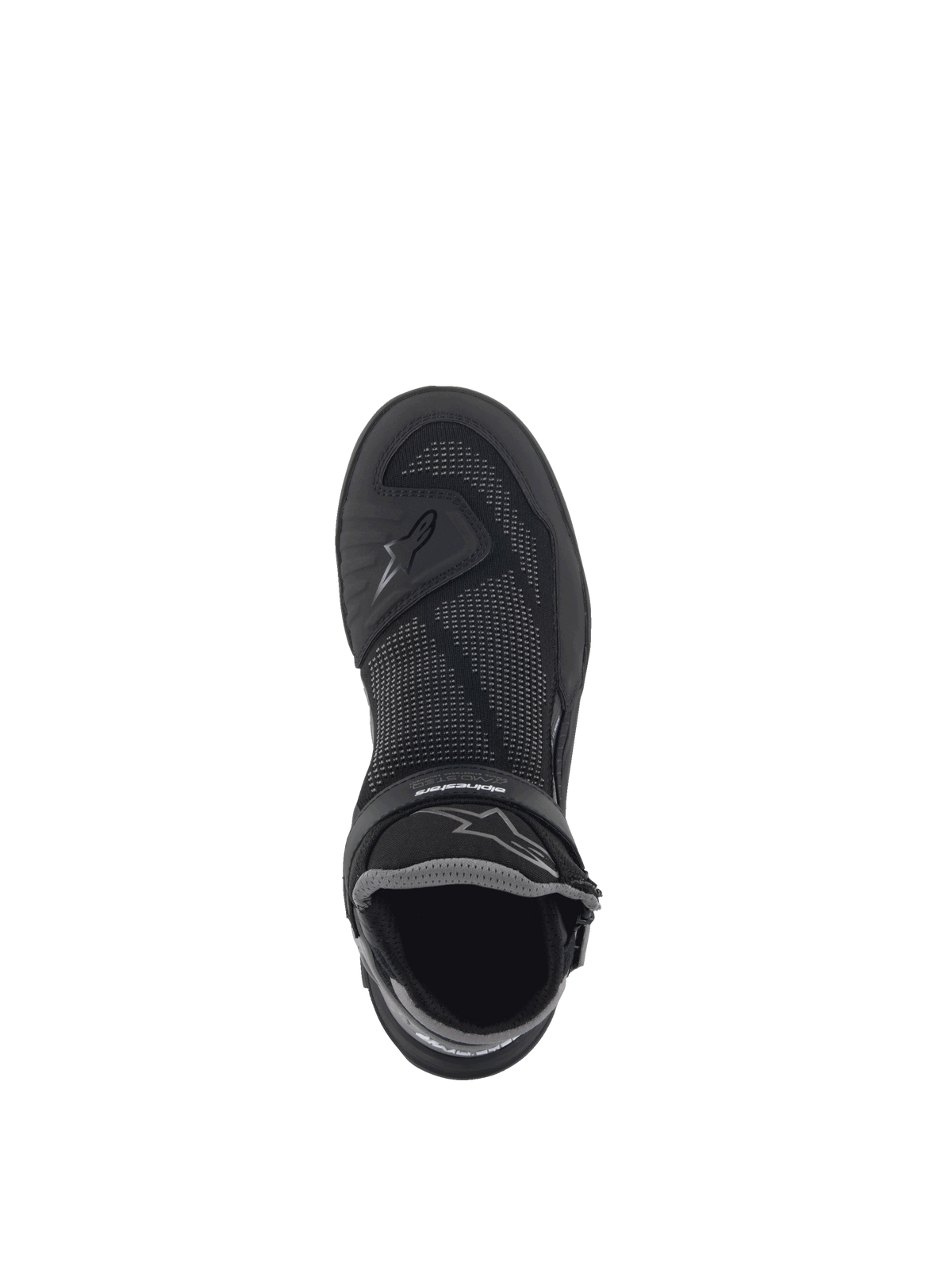 Alpinestars Speedflight Street schoenen, zwarte en grijze urban heren-motorlaarzen met gebreid mesh, bovenaanzicht.