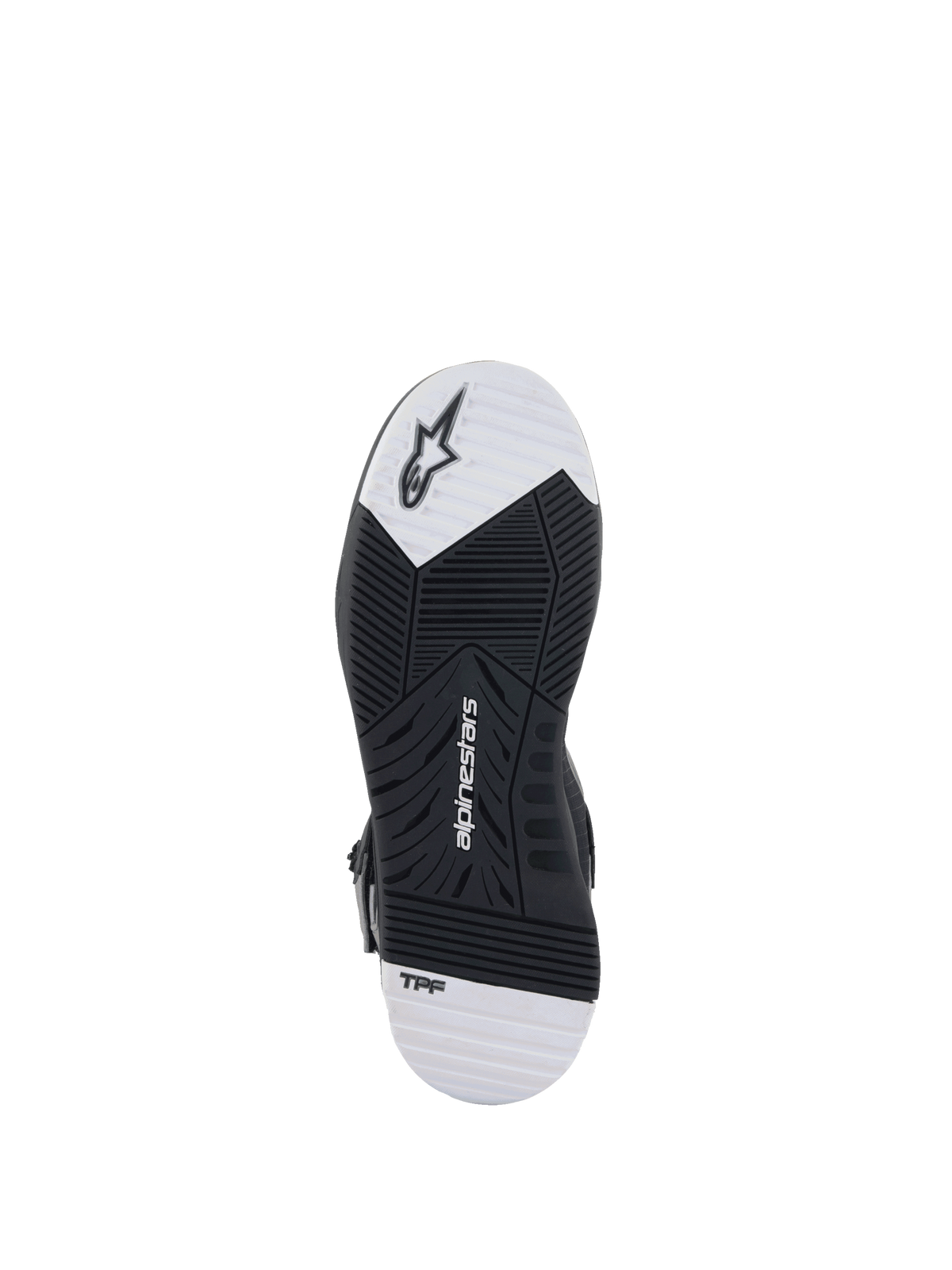 Alpinestars Speedflight Street schoenen, motorlaarszool, zwart en wit, rubber met dubbele dichtheid en TPF-technologie.