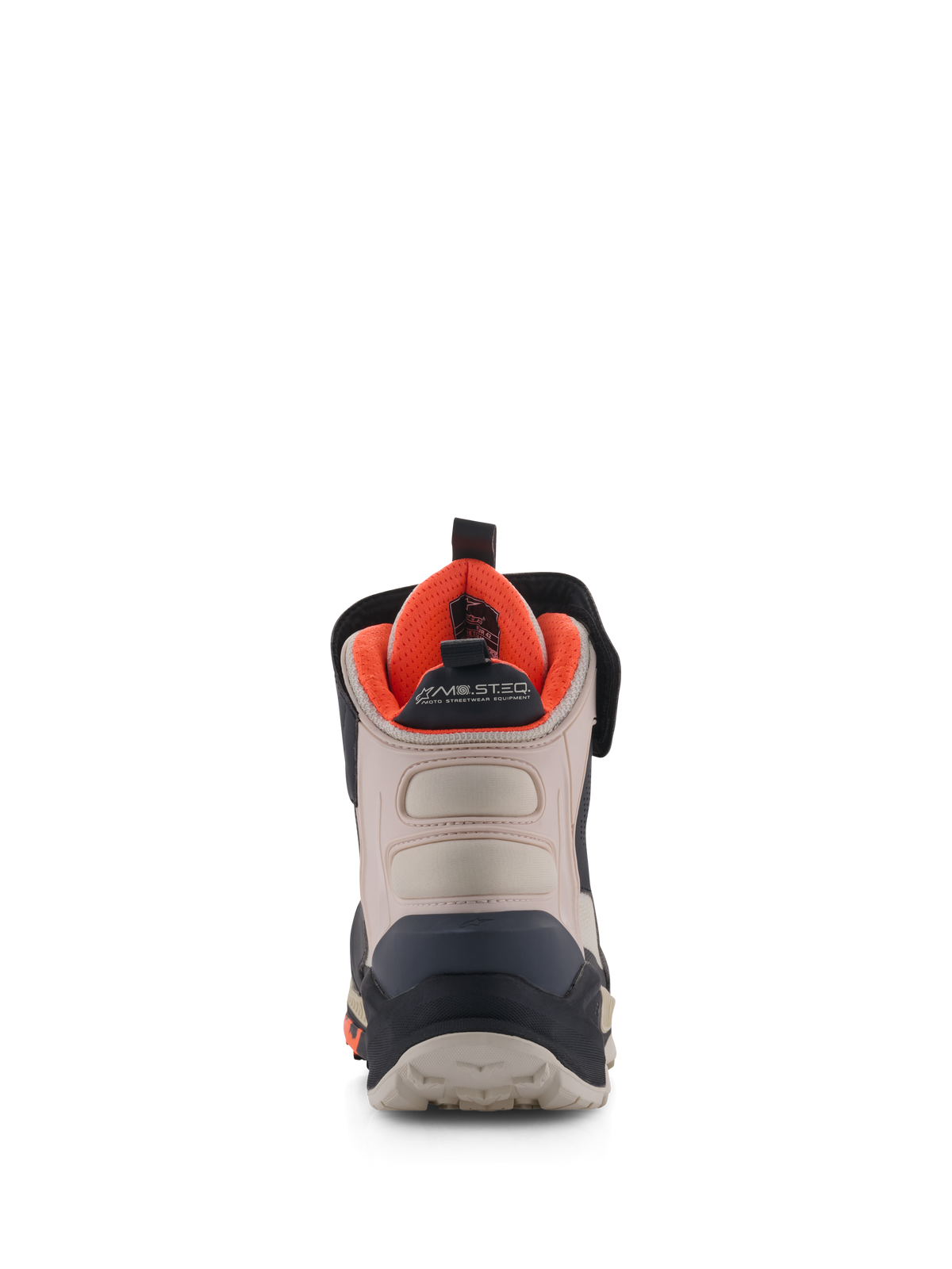Alpinestars Speedstreet schoenen, motorschoenen, zwart, amandel en feloranje, achteraanzicht met versterkte hielkap, amandelkleurige microvezel panelen, feloranje binnenvoering en MO.ST.EQ. branding