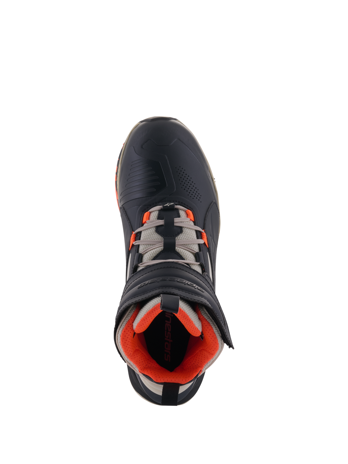 Alpinestars Speedstreet schoenen, motorschoenen, Black Almond Hot Orange, bovenaanzicht met zwart microvezel bovenwerk, oranje accenten, amandelgrijze veters en ergonomische klittenbandsluiting, urban motorsport-geïnspireerd ontwerp