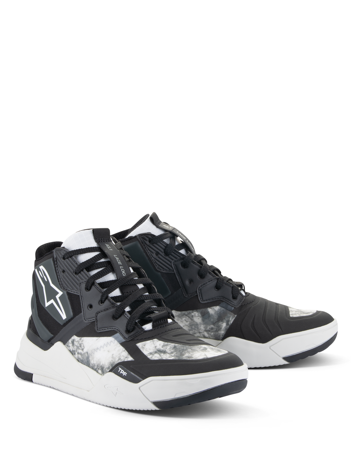 Alpinestars Speedflight schoenen, motorschoenen, zwart, grijs en wit, met een gemarmerd patroon, hoog sneakerontwerp met versterkte panelen, wit Alpinestars-logo en een duurzame rubberen zool