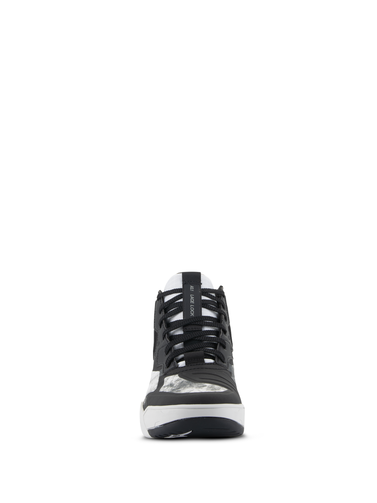 Alpinestars Speedflight schoenen, motorfietsschoenen, zwart, grijs en wit, vooraanzicht met zwarte veters, AS1 Lace Lock-bandje op de tong en geïntegreerd schakelvlak, performance-schoeisel in straatstijl