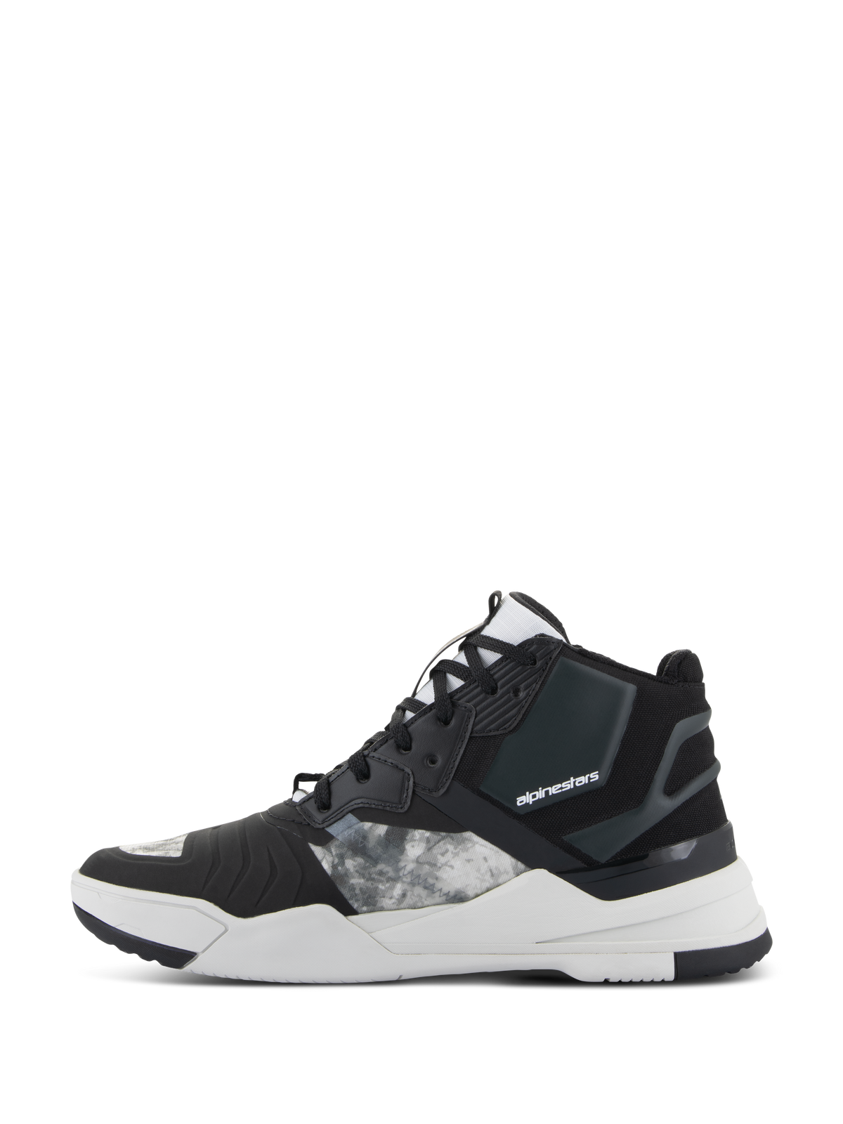 Alpinestars Speedflight schoenen, motorschoenen, zwart, grijs en wit, zijaanzicht met bovenwerk van ripstop textiel en grijze panelen met patroon, zwarte versterkte hiel en dikke witte tussenzool met merklogo, urban sportief ontwerp