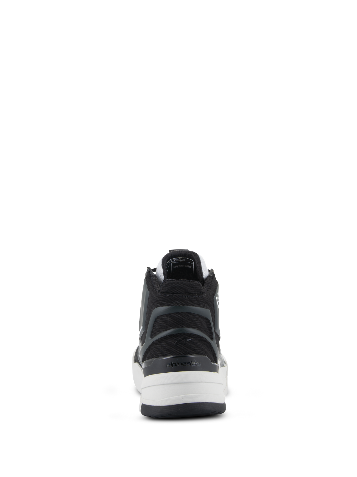 Alpinestars Speedflight schoenen, performance motorschoenen, zwart grijs en wit, achteraanzicht met focus op de asymmetrische TPU-hielkap met logo, witte tussenzool en urban sportief design