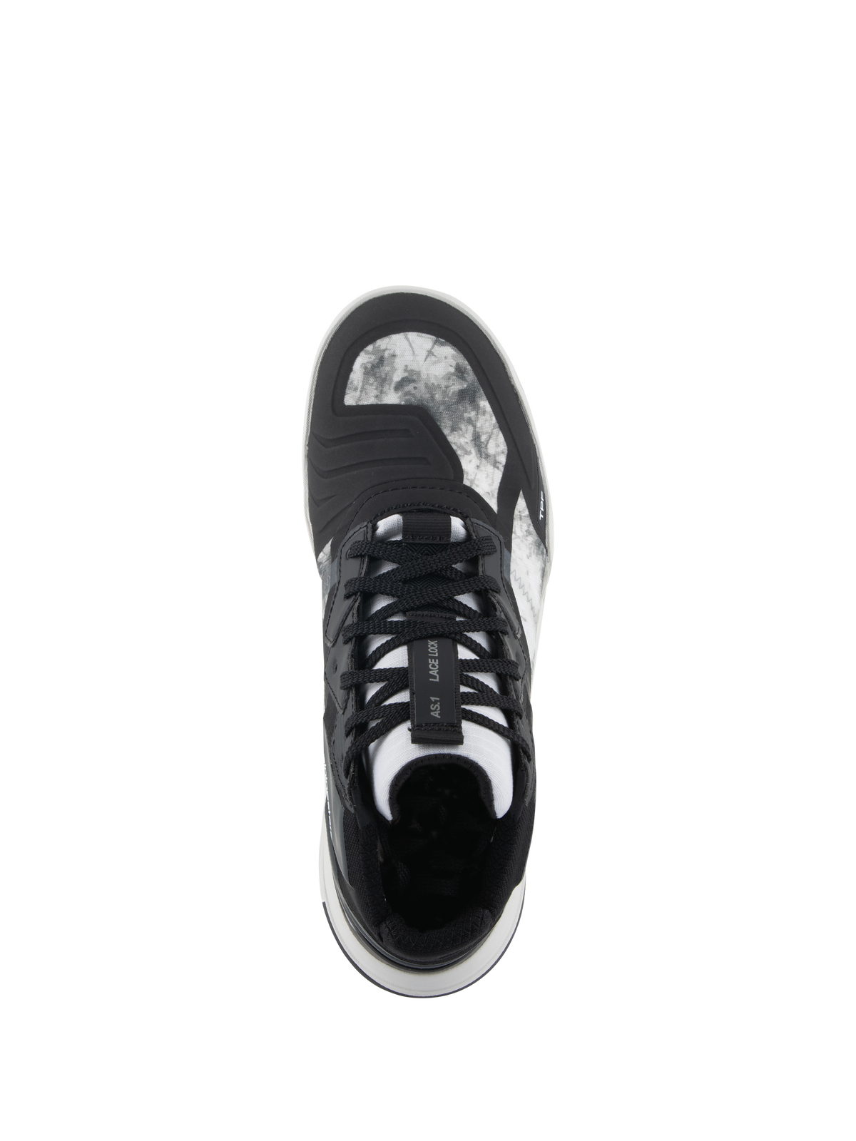 Alpinestars Speedflight schoenen, zwart grijs wit, bovenaanzicht met gemarmerd ripstop bovenwerk, vetersluiting houderband op de tong en geïntegreerd schakelpad, motorschoen in straatstijl