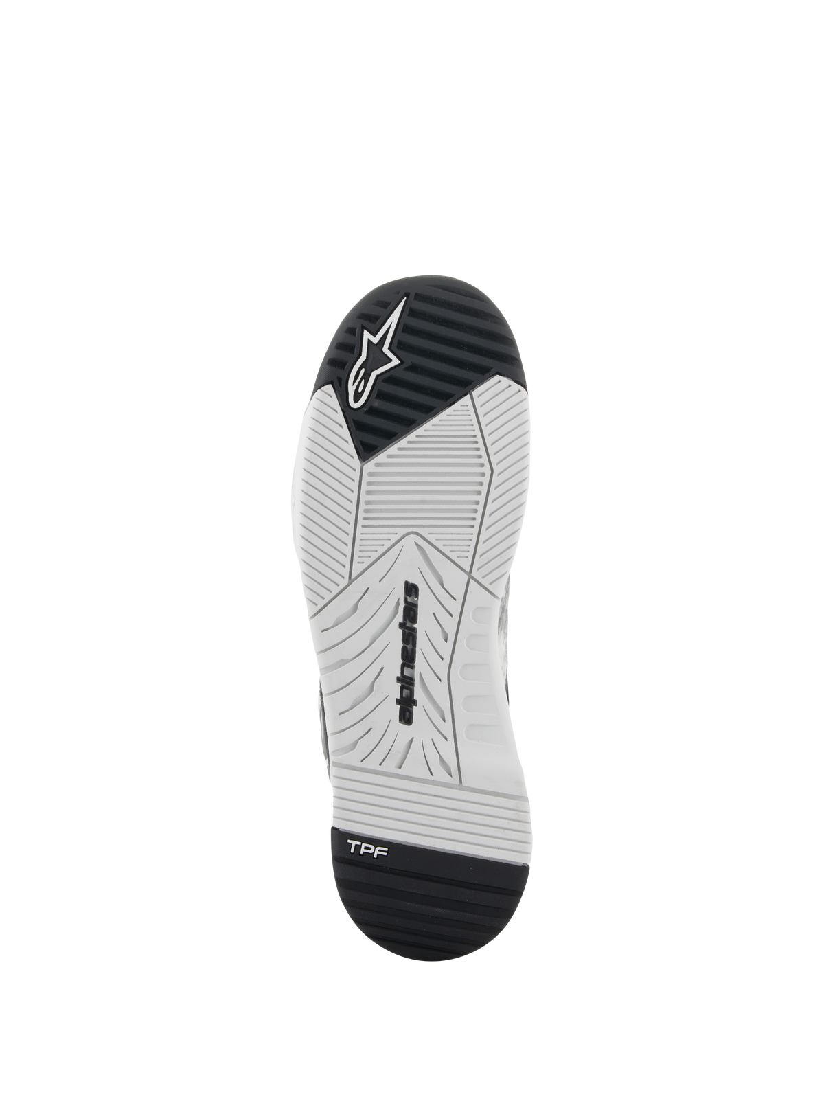 Alpinestars Speedflight-schoenen, motorschoenen, zwart en wit, onderaanzicht van de zool met dual-density rubber, Alpinestars-branding en TPF Transversal Protection Frame-logo, technisch ontworpen profiel voor grip
