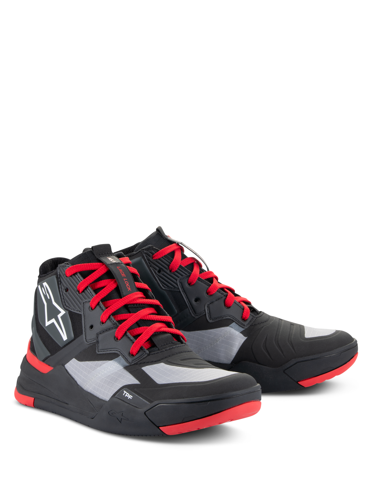 Alpinestars Speedflight Shoes, Performance Riding Shoes, Black Bright Red and White, featuring a ripstop upper with gray panels, red laces and sole accents, white Astars logo on the side, sport-styled motorcycle sneaker design