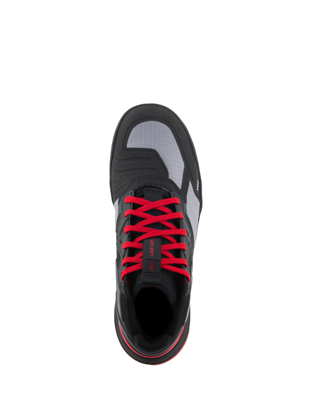 Alpinestars Speedflight Shoes, Performance Riding Shoes, Black Bright Red White, top-down view featuring vibrant red laces, grey ripstop upper panels, and integrated shift pad, urban motorcycle footwear.