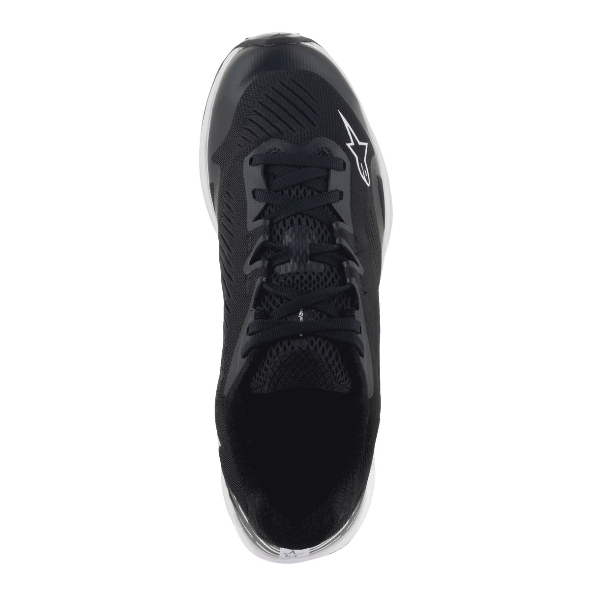 Alpinestars Meta Road V2 Shoes, Sportswear Shoes, Black and White, top-down view showing breathable synthetic mesh upper, black laces, and white Astars logo, designed for all-day comfort and race-team workwear.