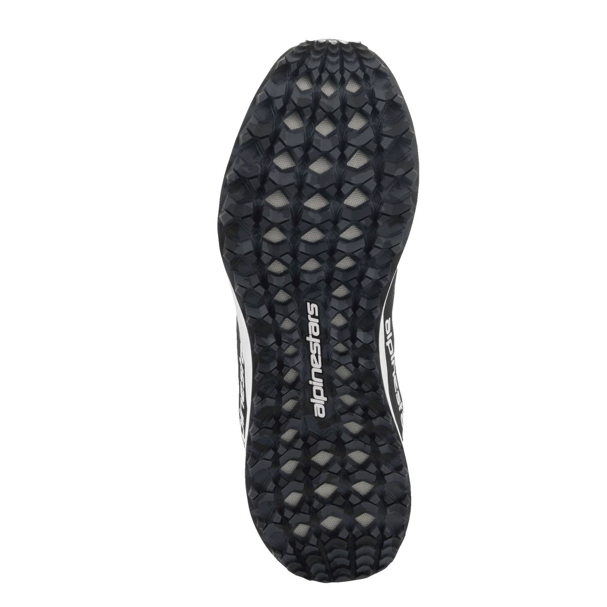 Alpinestars Meta Road V2 Shoes, bottom view of the outsole, black and grey camouflage-style studded grip pattern, white Alpinestars wordmark logo, durable rubber sole for multi-terrain traction