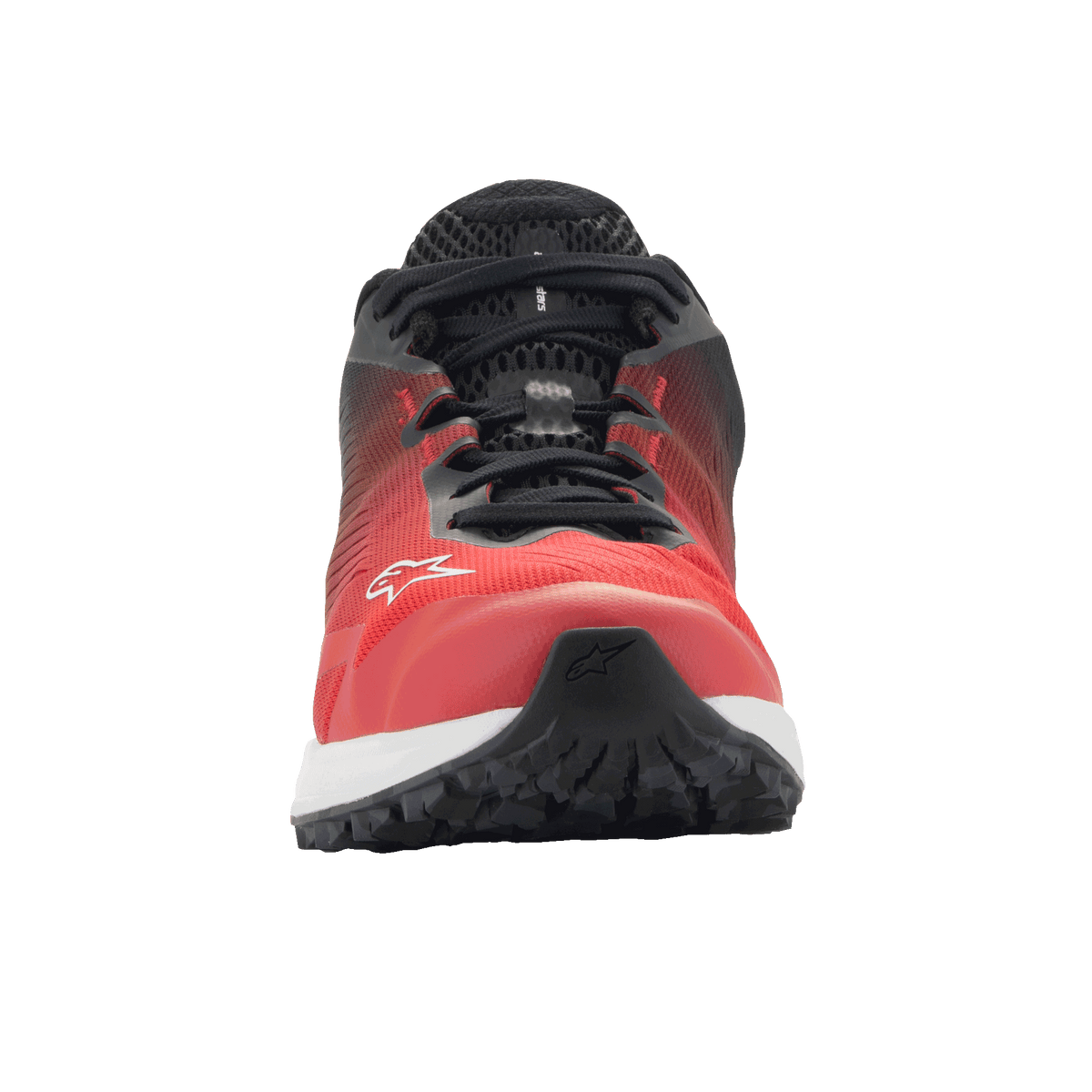 Chaussures Alpinestars Meta Road V2, chaussures de sportswear, rouge, noir et blanc, vue de face avec tige en maille respirante et logo Alpinestars blanc, design léger pour tenues de travail d'équipe de course