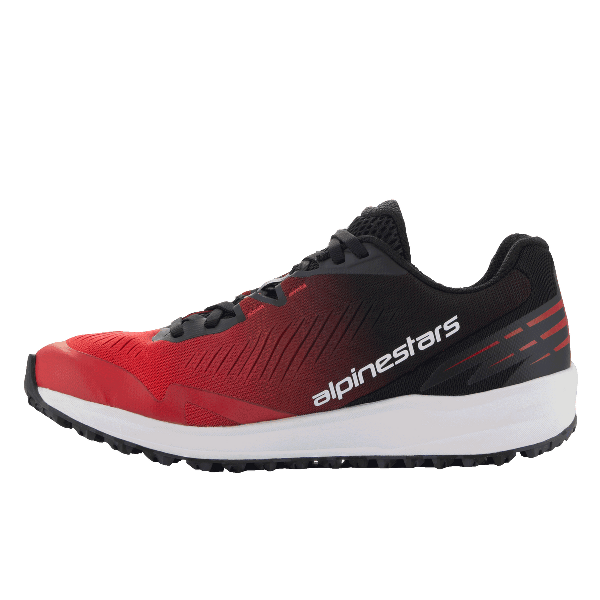 Chaussures Alpinestars Meta Road V2, chaussures sportswear, dégradé rouge et noir avec semelle intermédiaire blanche, profil latéral avec marquage Alpinestars blanc, design athlétique léger pour un confort tout au long de la journée