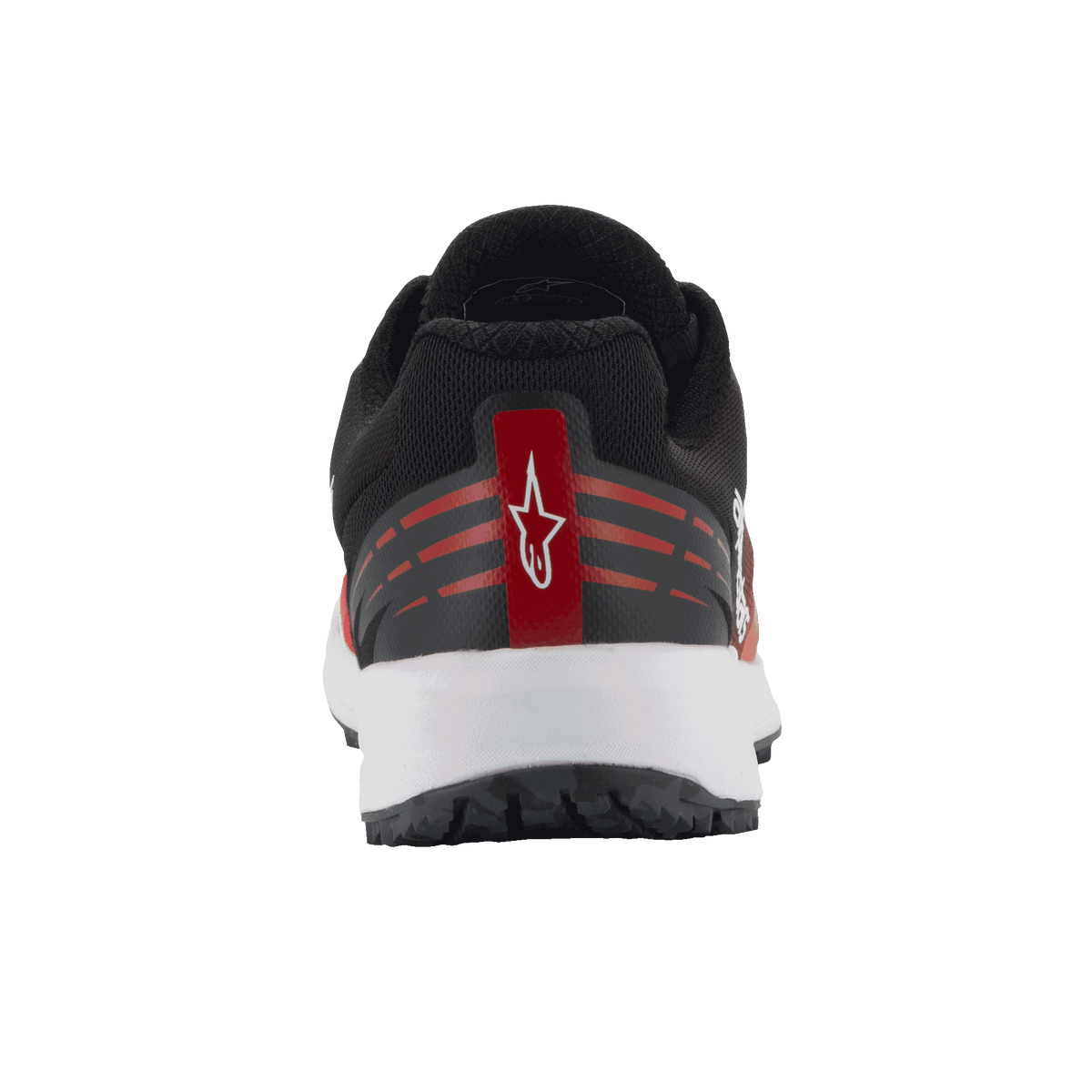 Chaussures Alpinestars Meta Road V2, chaussures sportswear, rouge, noir et blanc, vue arrière montrant les détails du talon avec logo Astars blanc sur une bande rouge, accents rouges horizontaux, tige en mesh noir et semelle intermédiaire blanche