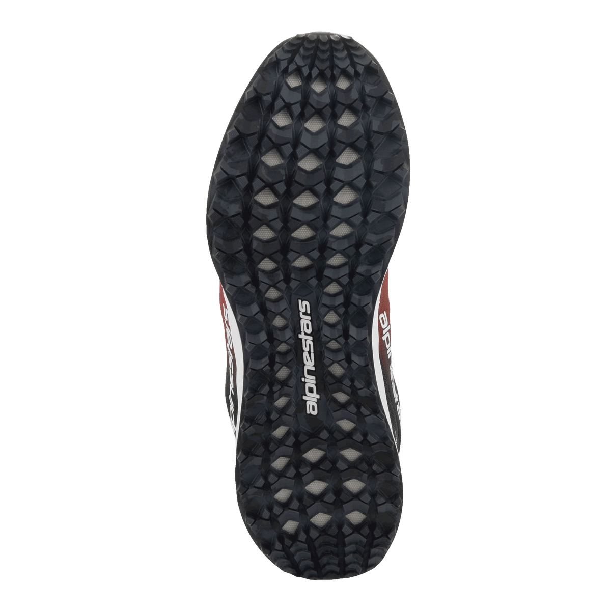 Chaussures Alpinestars Meta Road V2, vue de dessous de la semelle extérieure, caoutchouc noir avec motif hexagonal texturé pour l'adhérence, logo Alpinestars blanc au centre, accents rouges, noirs et blancs visibles sur les côtés