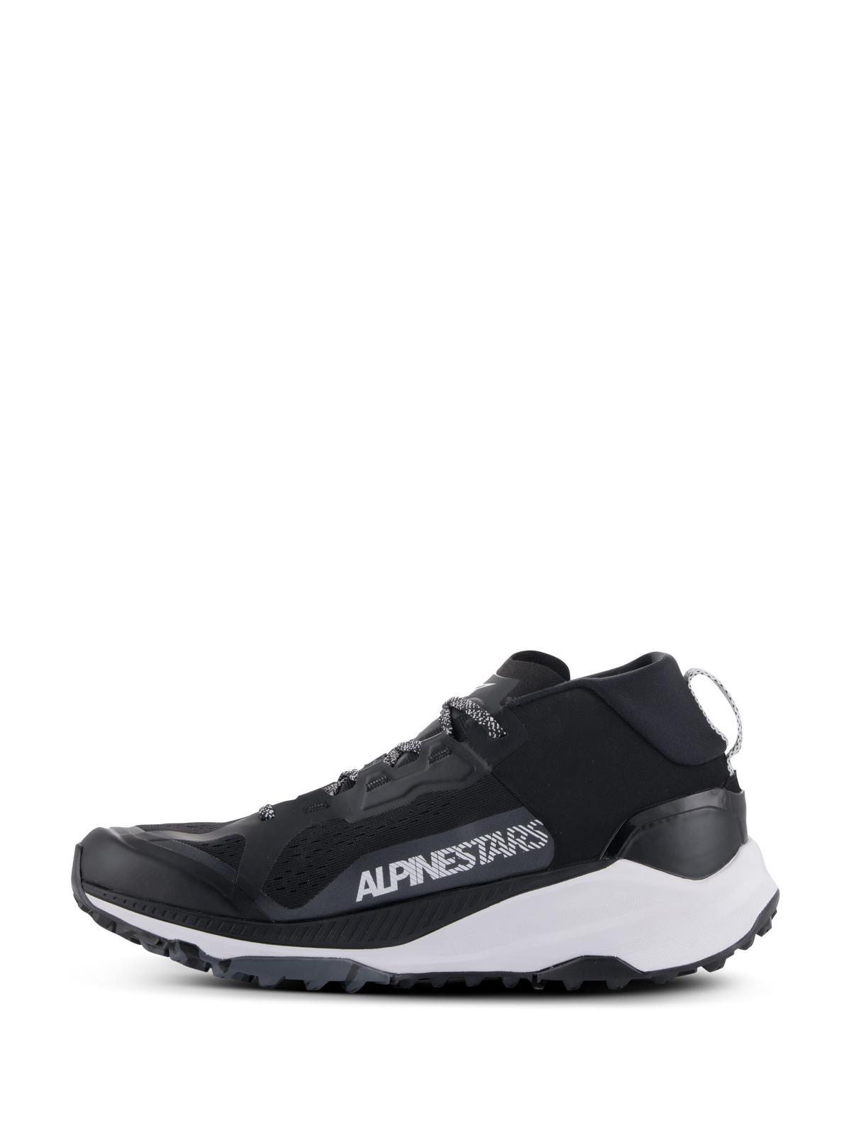 Alpinestars Meta XR V2 Schuhe, Sportswear-Schuhe, Schwarz, Weiß und Dunkelgrau, Seitenprofil mit Mesh-Obermaterial, weißer Zwischensohle und robuster Außensohle, markantes weißes Alpinestars-Branding auf der Seitenpartie.