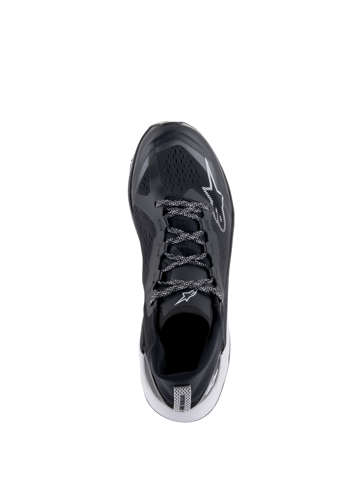 Alpinestars Meta XR V2 Schuhe, Sportswear-Schuhe, Schwarz, Weiß und Dunkelgrau, Draufsicht mit atmungsaktivem Mesh-Obermaterial und gemusterten Schnürsenkeln, weißes Stern-Logo, sportliche Freizeitschuhe