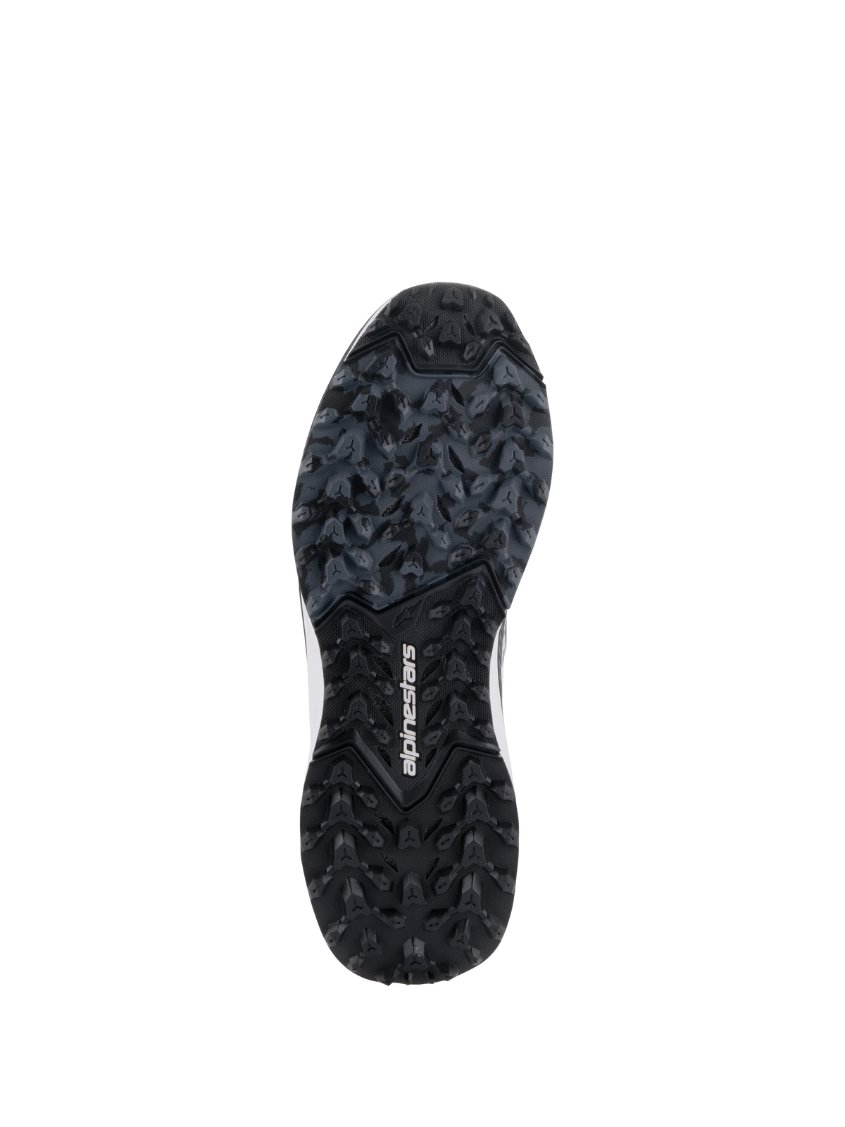 Alpinestars Meta XR V2 Schuhe, Ansicht der robusten Gummisohle, schwarz und dunkelgraue Außensohle mit Stollenprofil, weißes Alpinestars-Branding in der Mitte, entwickelt für hervorragenden Grip auf Offroad-Gelände und verschmutzten Oberflächen.